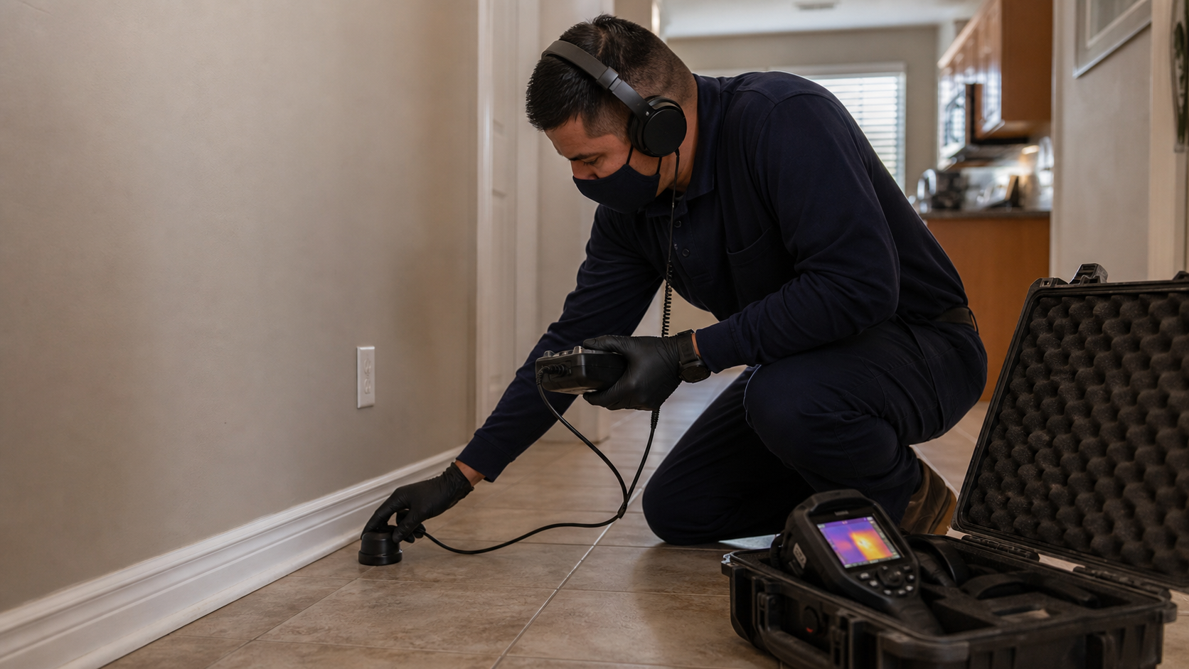 Leak detection technician using acoustic equipment on a residential slab floor