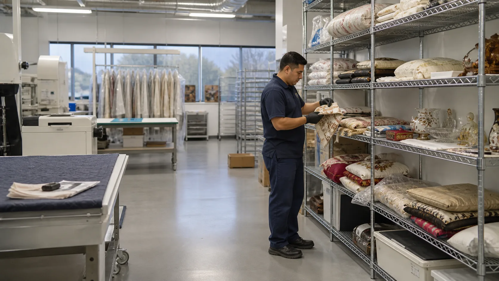 A restoration technician in a blue uniform and black gloves inspects a piece of fabric while standing next to shelves filled with textiles and decorative items in a contents restoration facility.