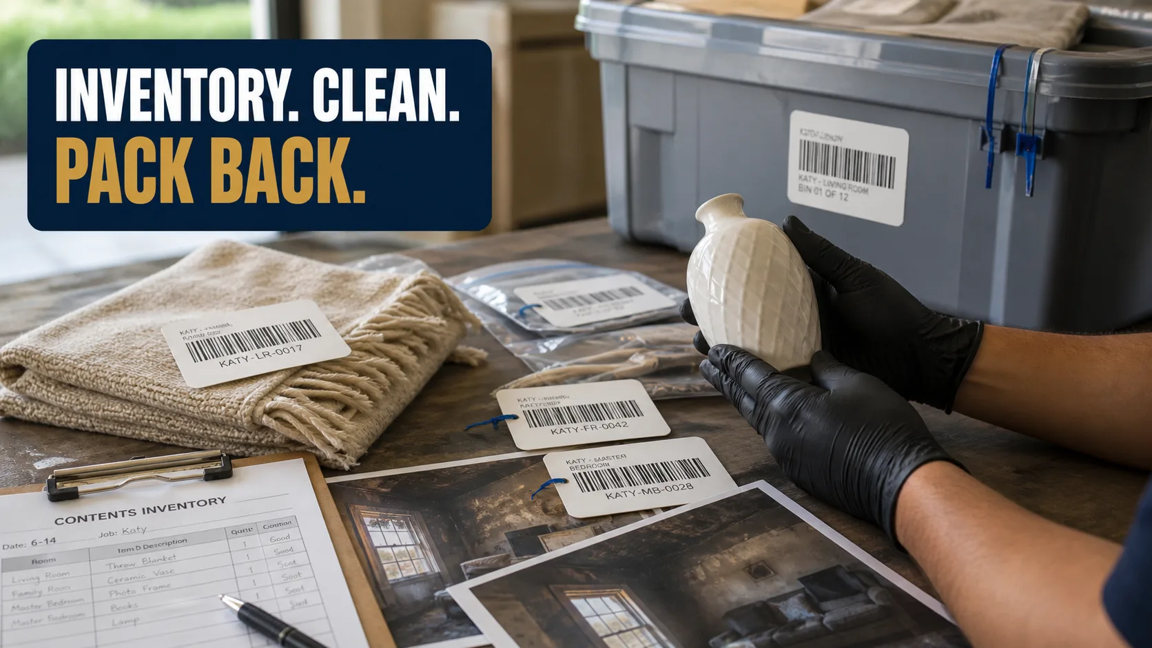 A technician wearing black gloves holds a white ceramic vase, surrounded by other items with barcodes, a contents inventory sheet, and a storage bin. Caption on image: INVENTORY. CLEAN. PACK BACK.
