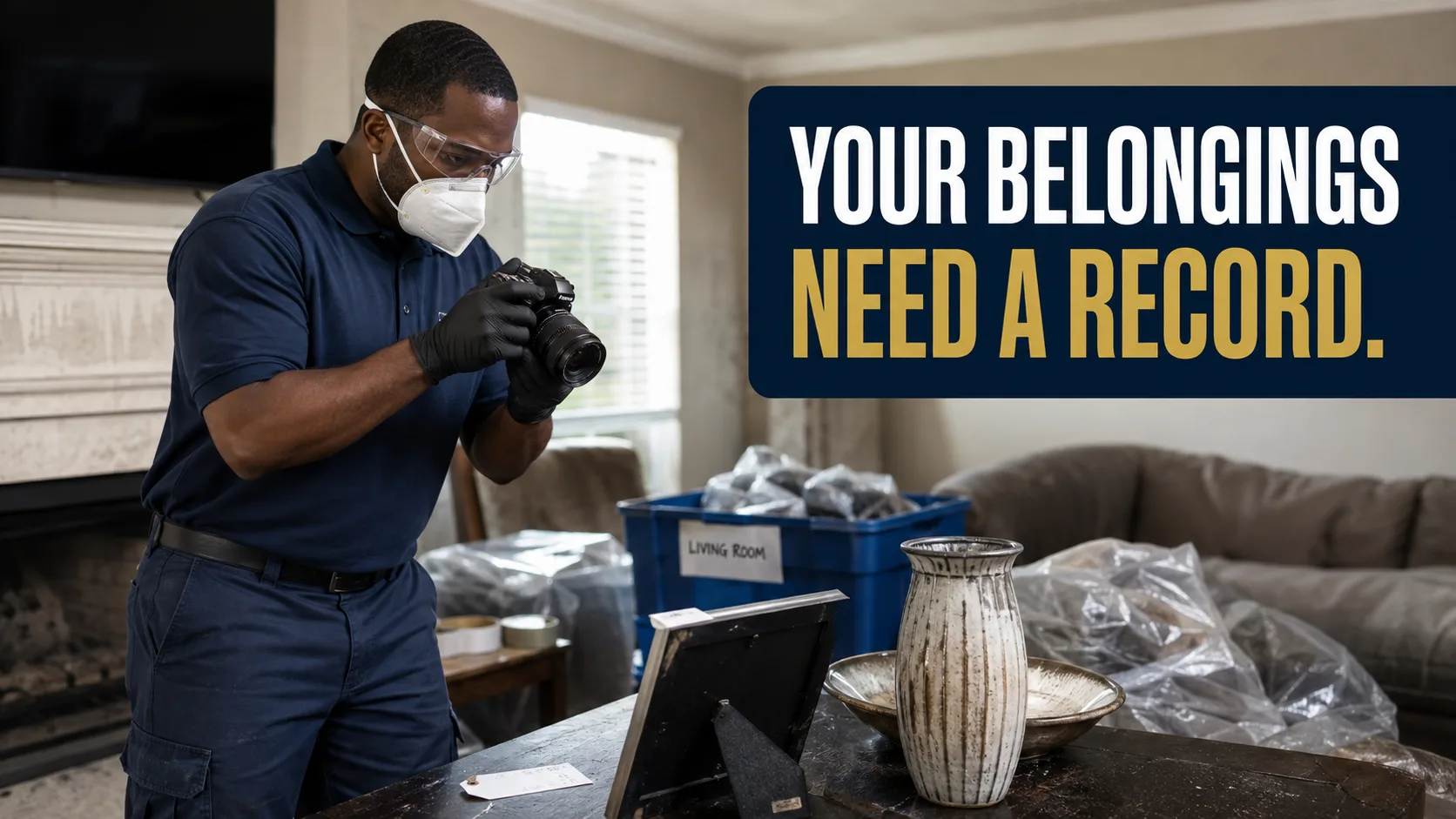A restoration technician wearing a mask and safety glasses photographs items on a table, including a vase and a picture frame, in a room with packed boxes and furniture covered in plastic. Caption on image: YOUR BELONGINGS NEED A RECORD.