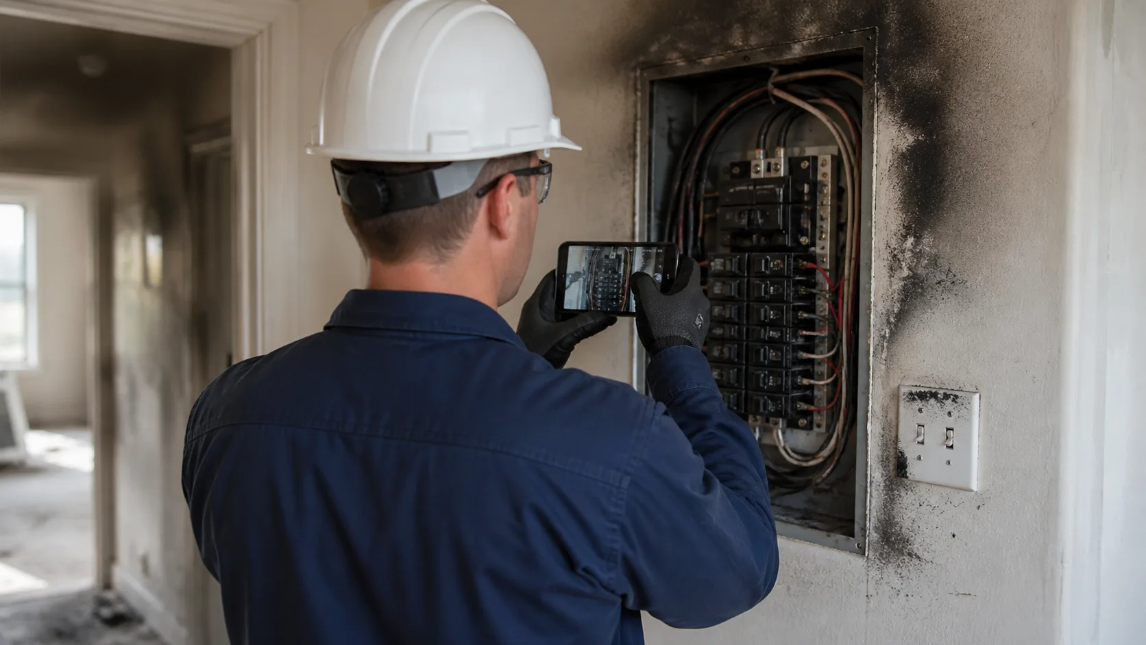 A fire damage restoration technician in a hard hat and safety glasses photographs a fire-damaged electrical panel with a smartphone.