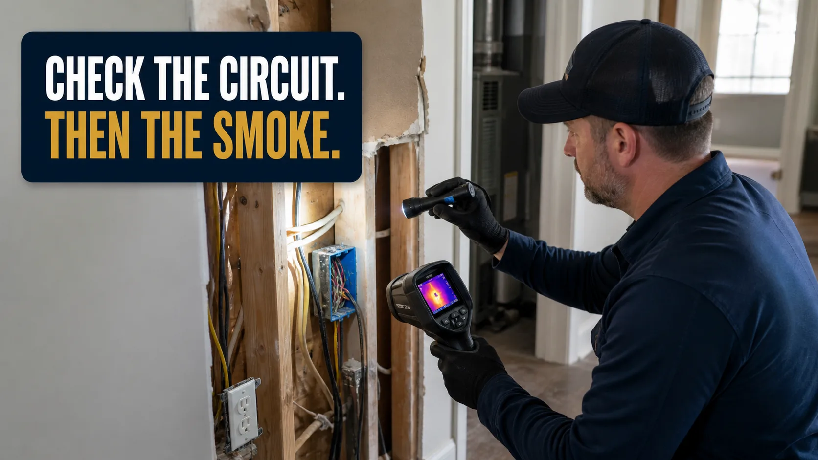 A technician wearing a dark baseball cap and gloves uses a flashlight and a thermal camera to inspect exposed electrical wiring in a wall. Caption on image: CHECK THE CIRCUIT. THEN THE SMOKE.