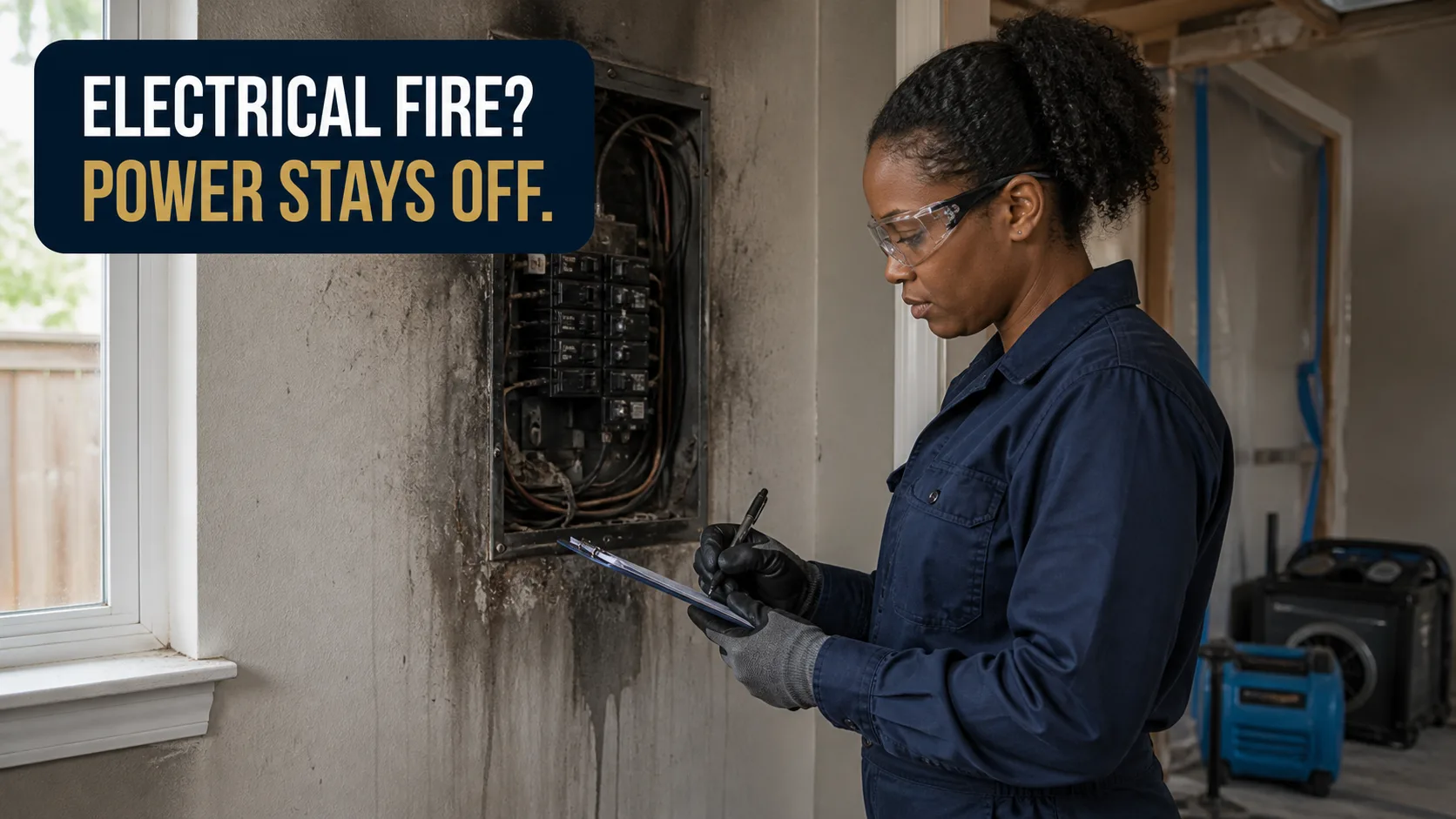 A technician wearing safety glasses and gloves inspects a fire-damaged electrical panel, taking notes on a clipboard, with a window to the left. Caption on image: ELECTRICAL FIRE? POWER STAYS OFF.