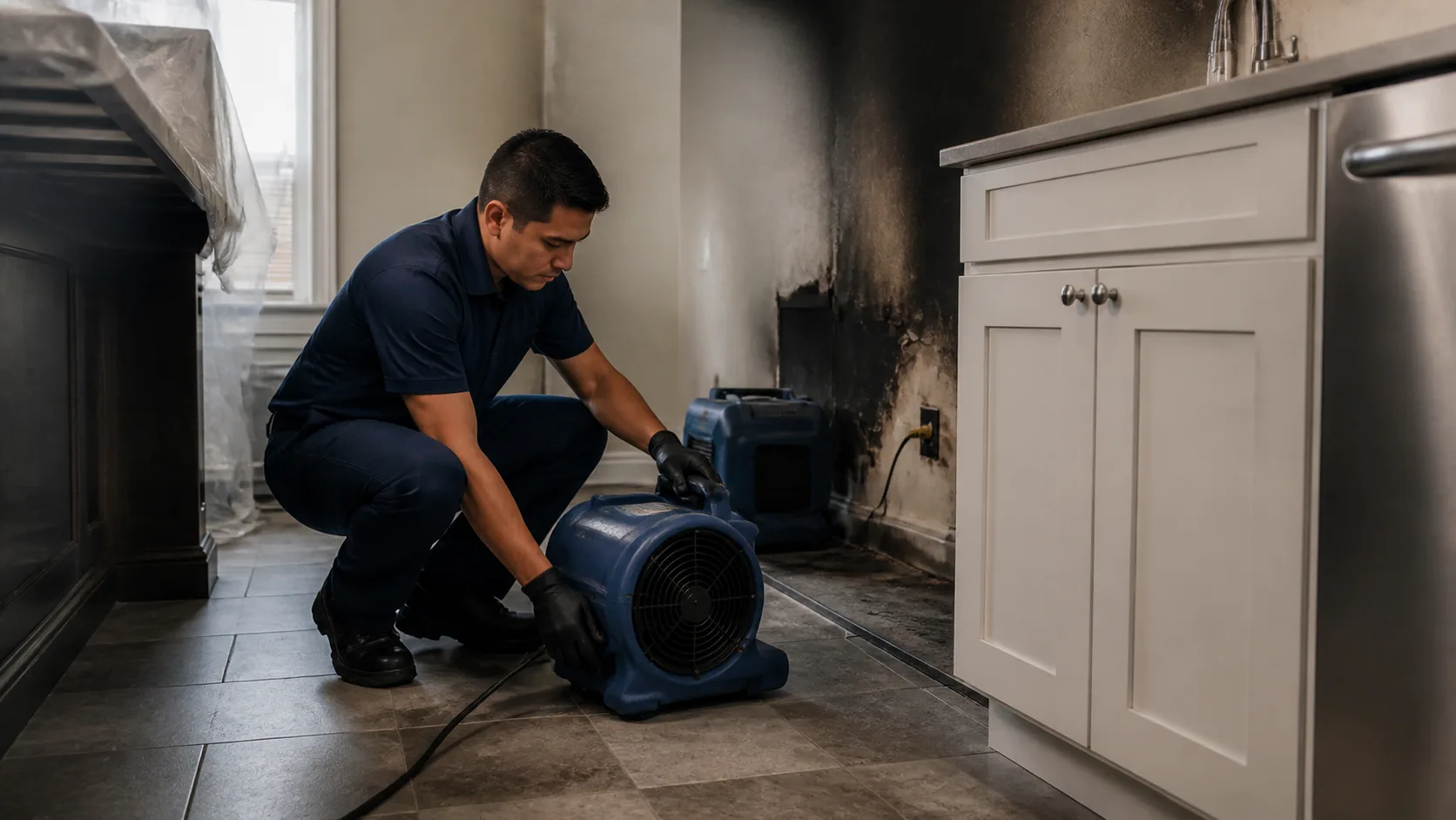 A technician wearing gloves crouches to adjust a blue industrial fan on a tiled floor, with a wall showing extensive fire damage in the background.