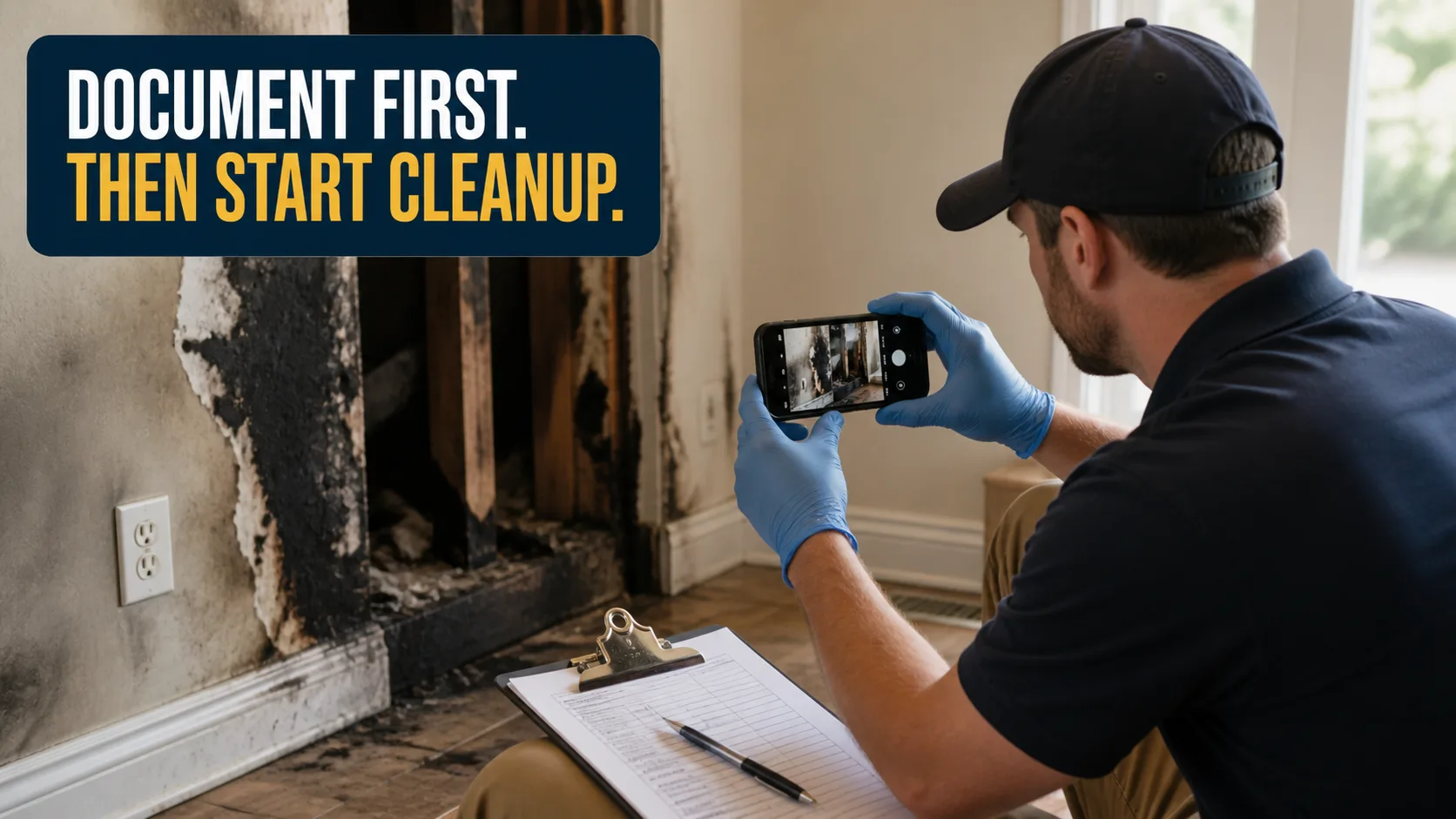A technician wearing blue gloves photographs fire damage on a wall and wooden structure with a smartphone, while holding a clipboard and pen. Caption on image: DOCUMENT FIRST. THEN START CLEANUP.