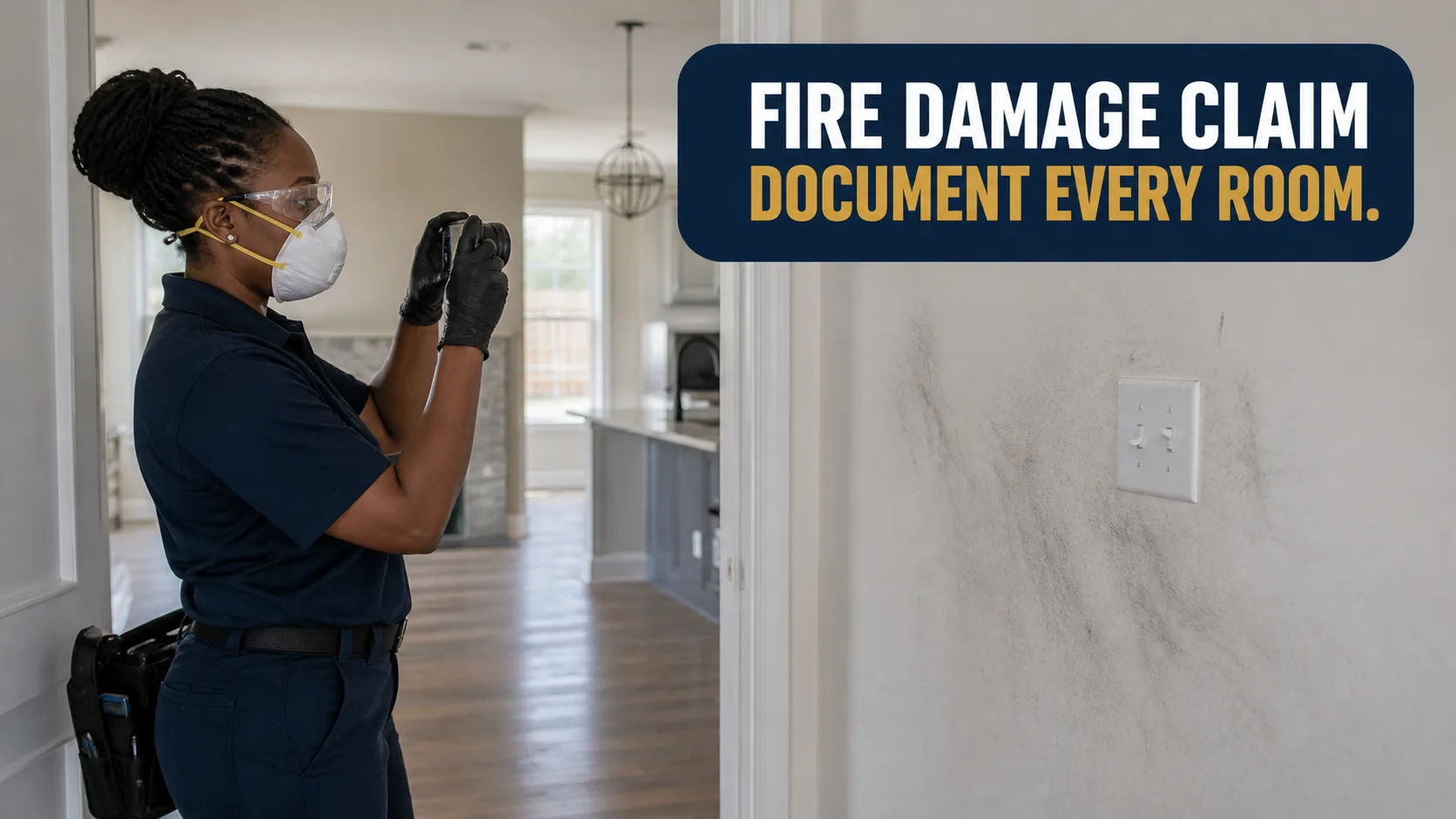 An inspector wearing an N95 mask and safety glasses photographs a white wall with dark smoke damage around a light switch, with a clean kitchen visible in the background. Caption on image: FIRE DAMAGE CLAIM DOCUMENT EVERY ROOM.