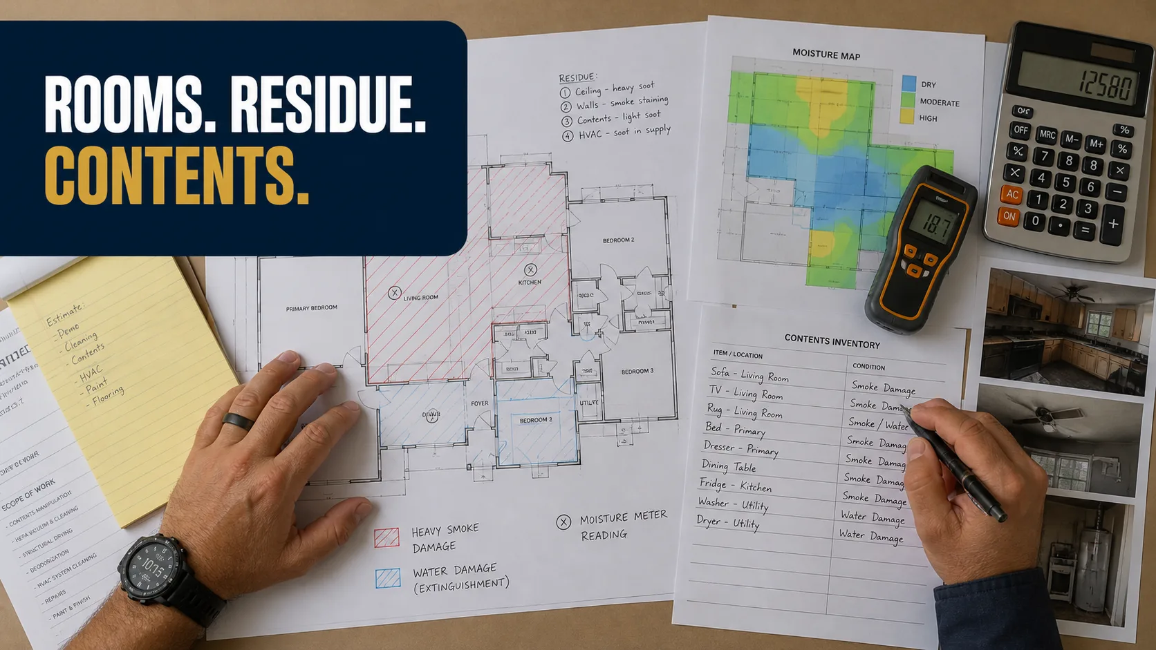 An overhead view shows a technician's hands reviewing a floor plan with heavy smoke and water damage, a contents inventory, a moisture map, and a calculator. Caption on image: ROOMS. RESIDUE. CONTENTS.