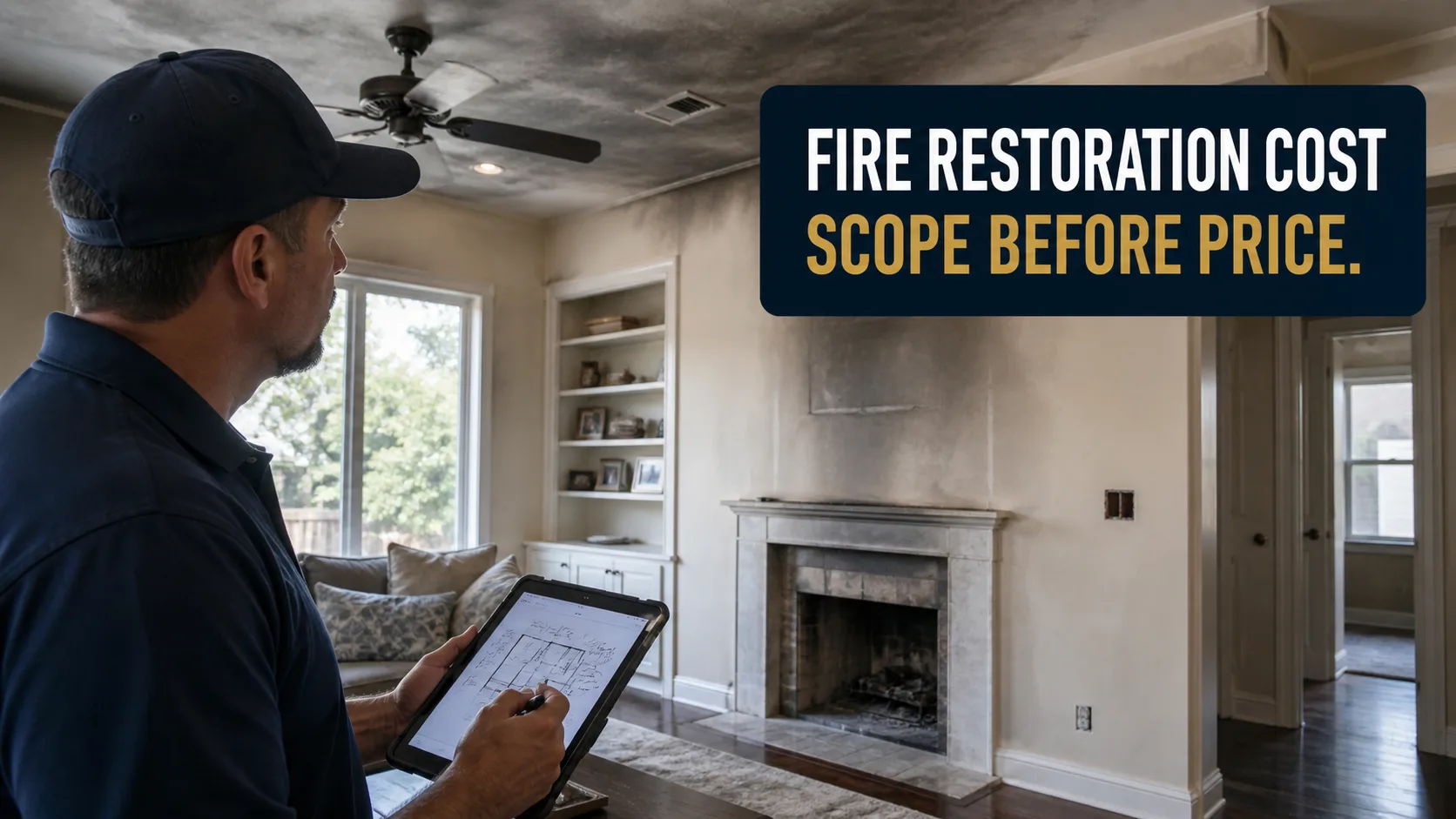 A fire damage restoration technician in a blue cap and shirt reviews a tablet with floor plans in a smoke-damaged living room with a fireplace and built-in shelves. Caption on image: FIRE RESTORATION COST SCOPE BEFORE PRICE.