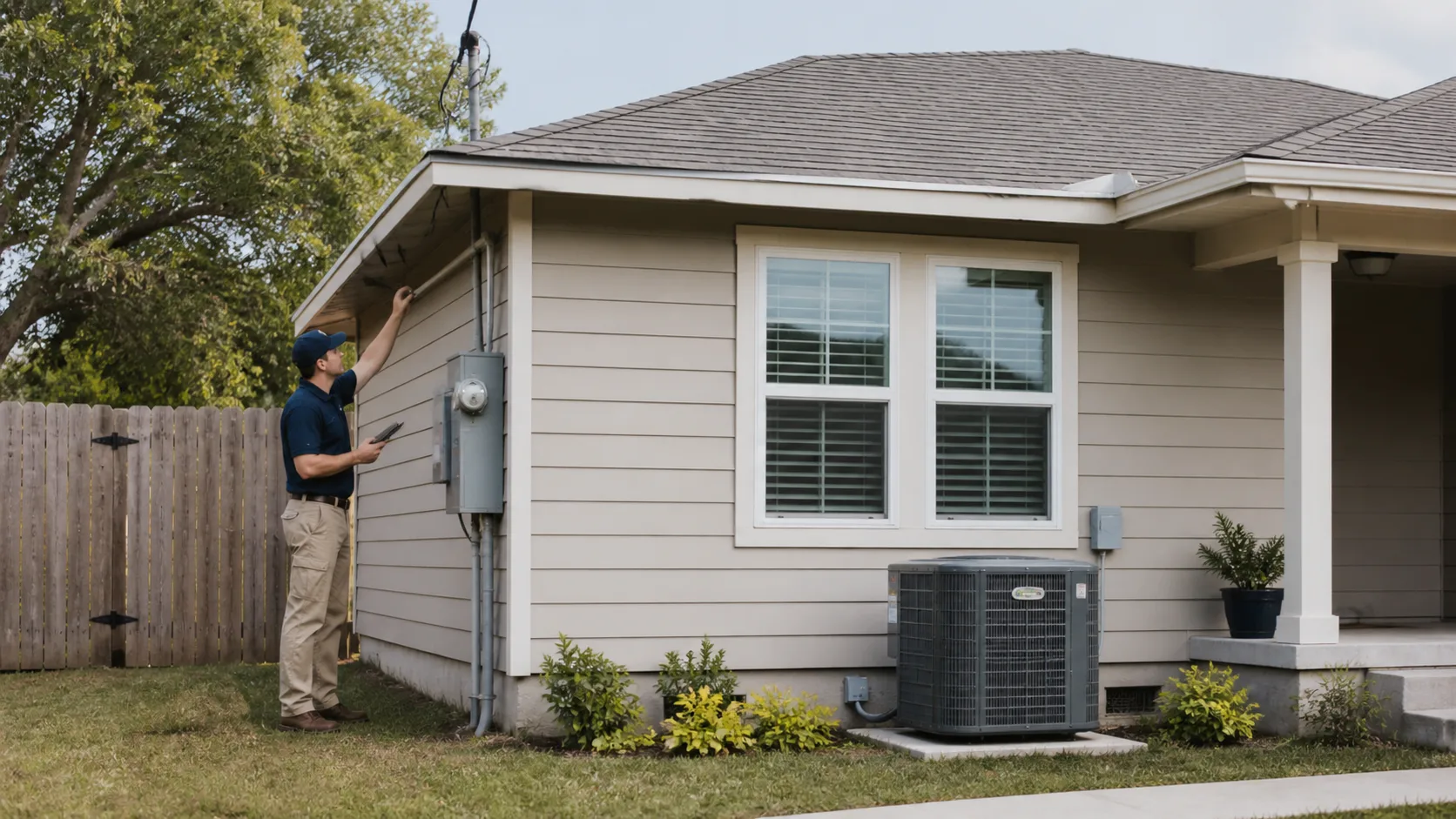An inspector in a blue polo shirt and khaki pants examines the exterior of a house, holding a tablet in one hand.