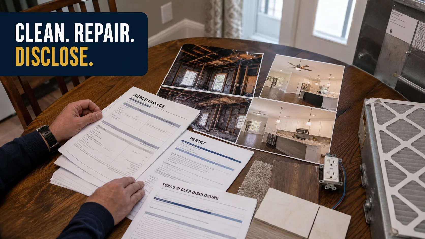 A homeowner reviews repair invoices, permits, and disclosure documents on a table alongside before-and-after photos of a fire-damaged house, an electrical outlet, and an HVAC filter. Caption on image: CLEAN. REPAIR. DISCLOSE.