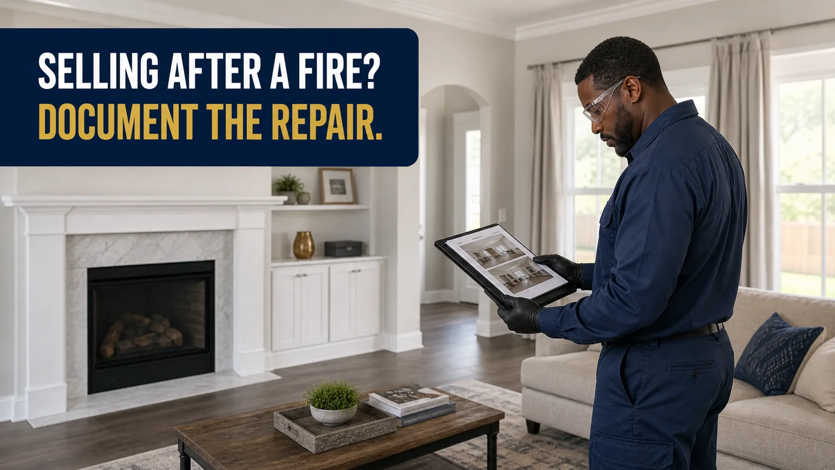 A technician wearing safety glasses and gloves holds a tablet displaying before-and-after photos of a room, standing in a living room with a fireplace and sofa. Caption on image: SELLING AFTER A FIRE? DOCUMENT THE REPAIR.