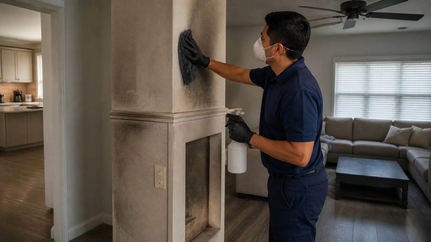 A technician wearing a mask and gloves cleans soot from a fireplace and wall with a spray bottle and rag, with a living room and kitchen visible in the background.