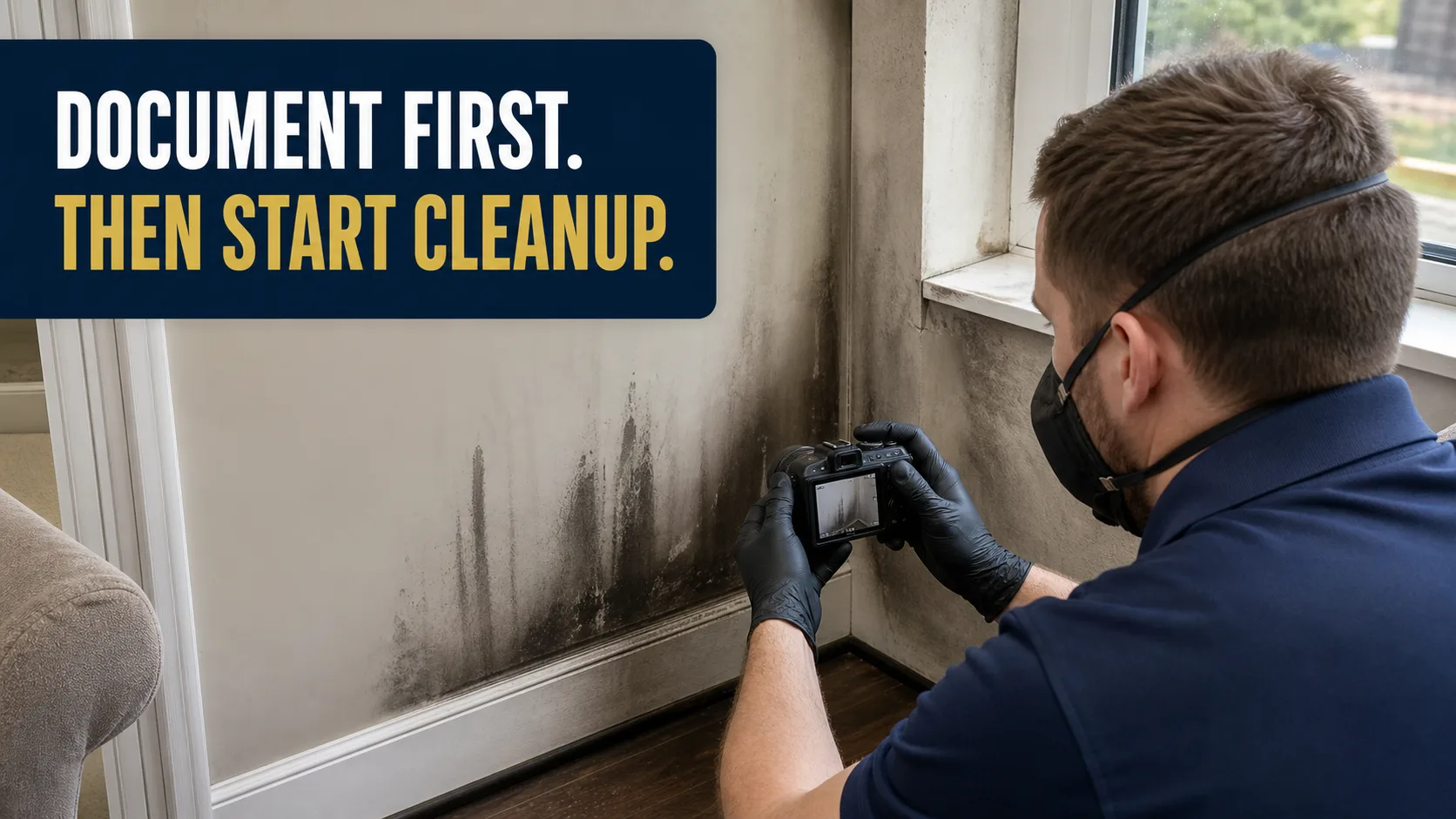A technician wearing a face mask and black gloves photographs extensive black smoke damage on a light-colored wall and baseboard next to a window. Caption on image: DOCUMENT FIRST. THEN START CLEANUP.