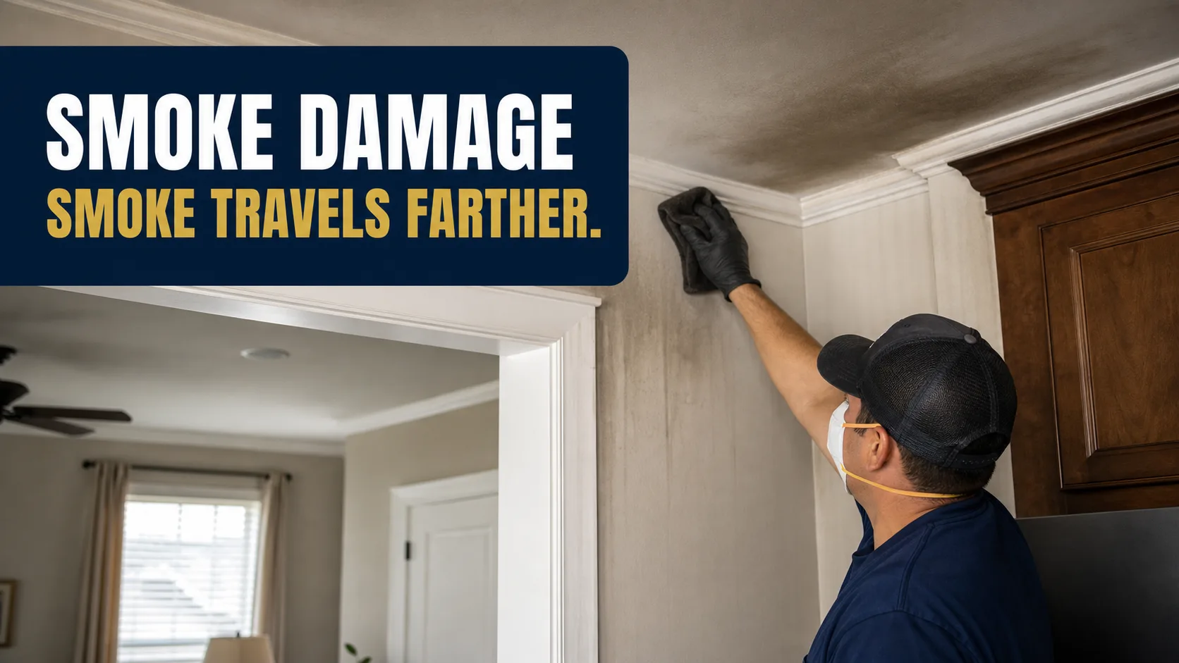 A technician wearing a black cap, N95 mask, and black gloves cleans smoke damage from a light-colored wall and ceiling in a home. Caption on image: SMOKE DAMAGE SMOKE TRAVELS FARTHER.