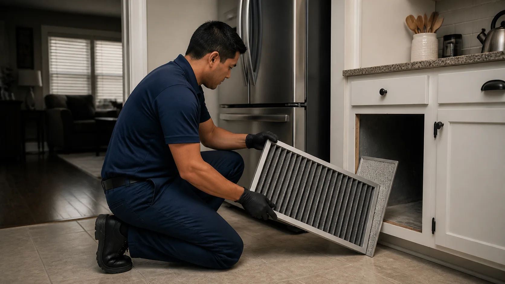 A technician wearing black gloves kneels on a tiled floor, removing a rectangular air filter from a cabinet opening under a kitchen counter.
