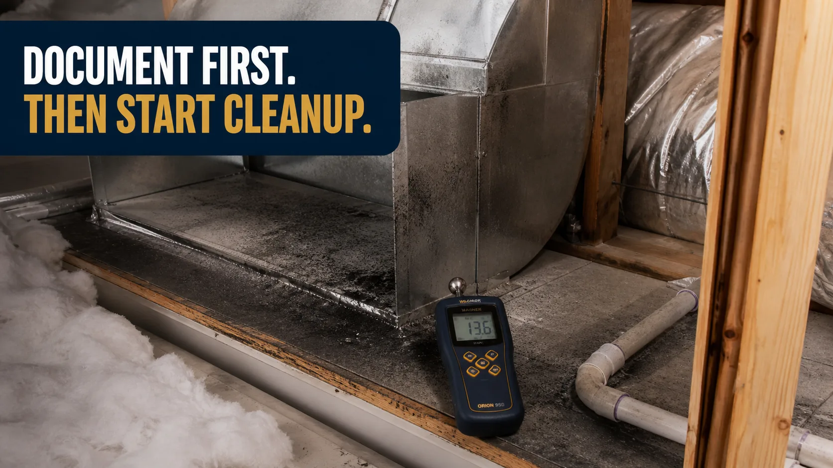 A moisture meter sits on a dirty metal duct in a basement or crawl space, with insulation and wooden beams visible. Caption on image: DOCUMENT FIRST. THEN START CLEANUP.