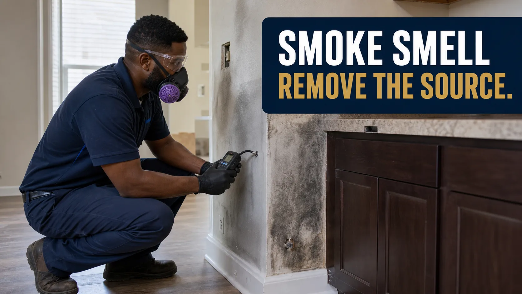 A technician wearing a respirator and safety glasses crouches, using a moisture meter on a wall with significant mold growth next to dark wood cabinets. Caption on image: SMOKE SMELL REMOVE THE SOURCE.