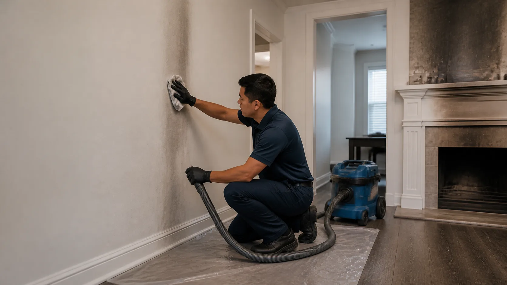A technician wearing black gloves crouches to clean soot from a light-colored wall with a white cloth, with a wet/dry vacuum nearby.