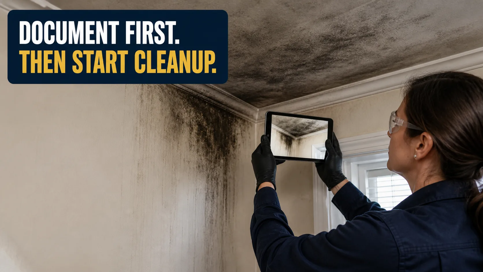 A technician wearing safety glasses and black gloves photographs a ceiling and wall heavily stained with soot using a tablet. Caption on image: DOCUMENT FIRST. THEN START CLEANUP.