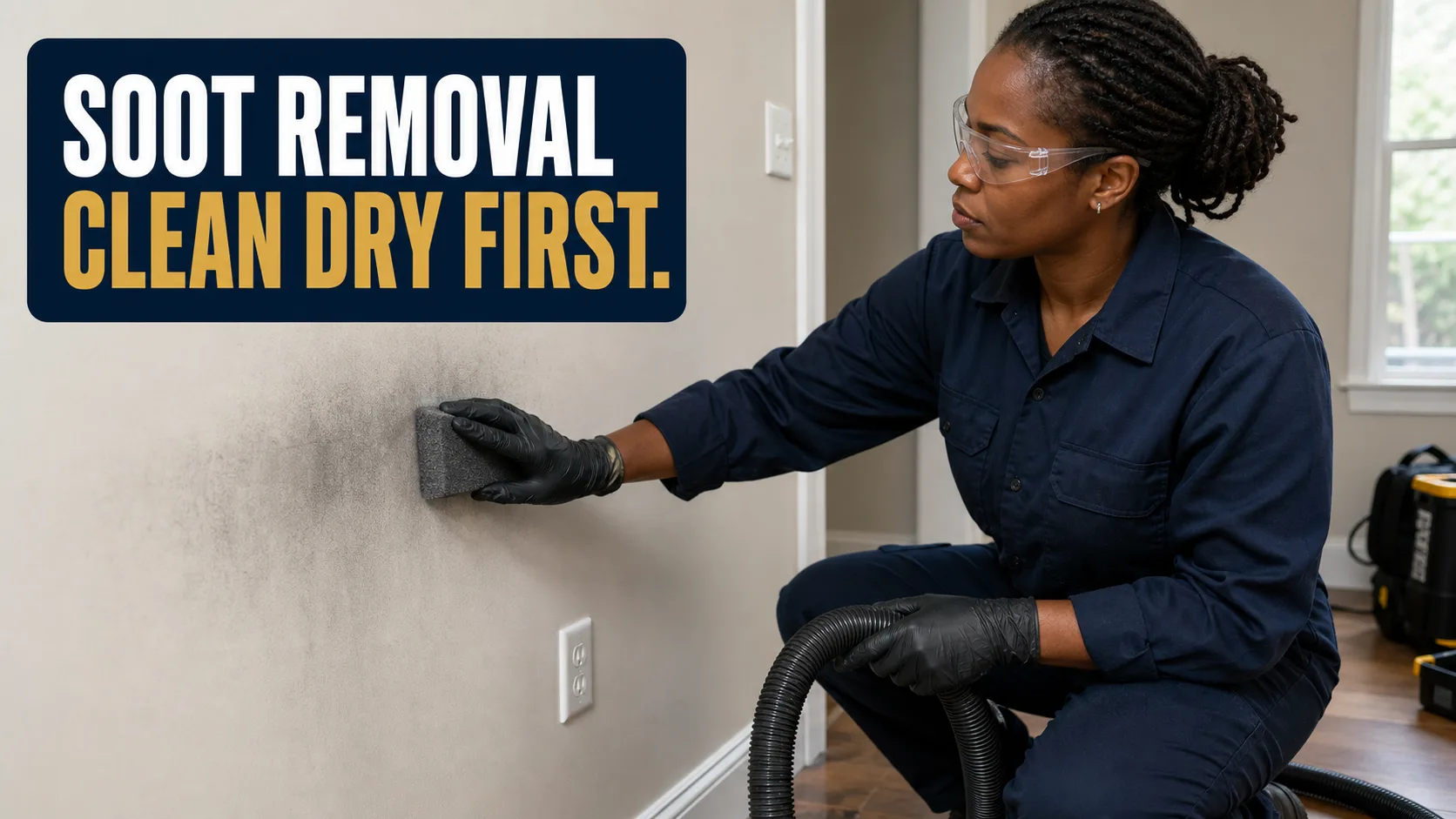 A technician wearing safety glasses and gloves uses a dry soot sponge to clean a smoke-damaged wall, while also holding a vacuum hose. Caption on image: SOOT REMOVAL CLEAN DRY FIRST.