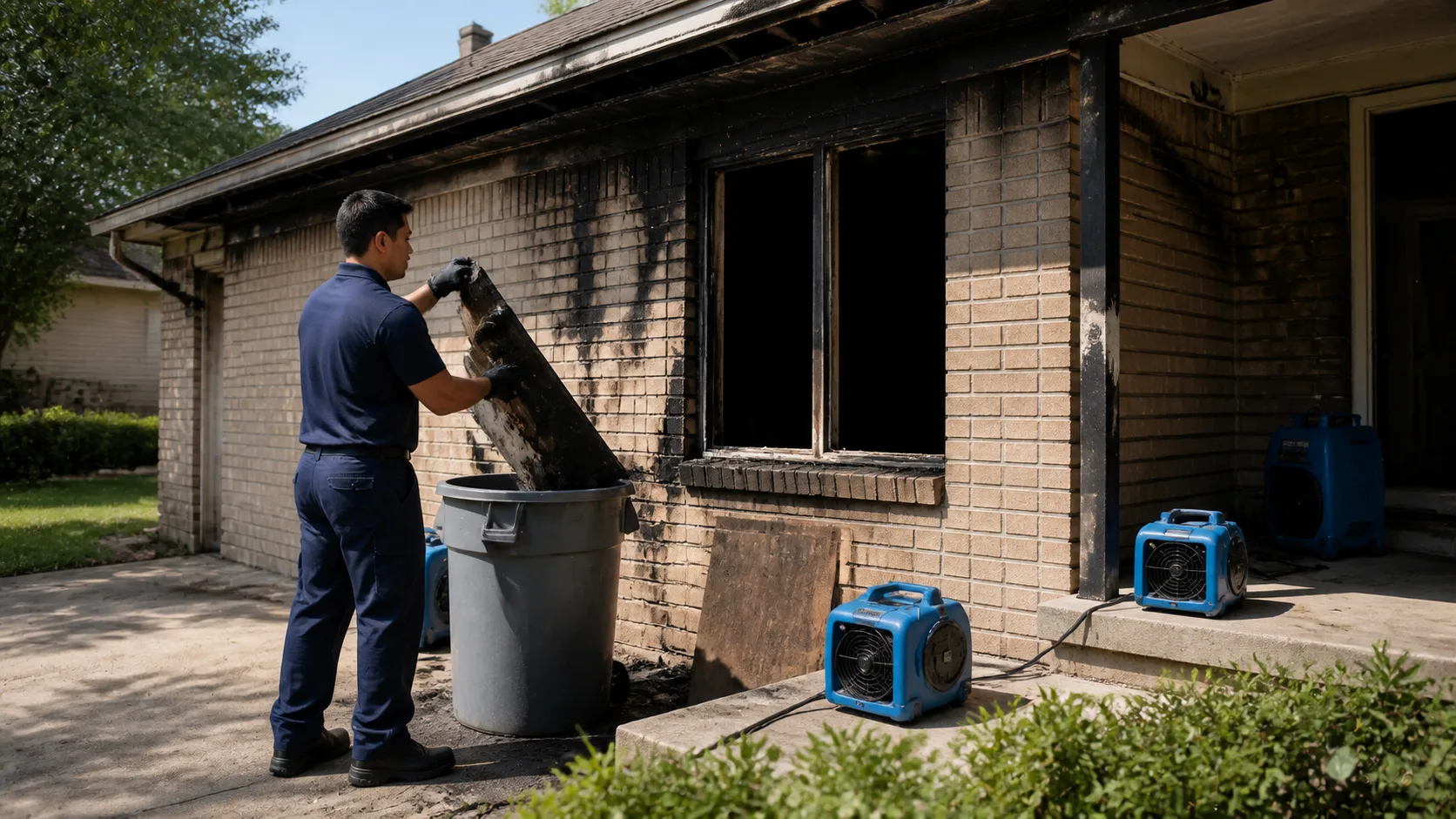 A restoration technician wearing gloves disposes of fire-damaged debris into a large trash can outside a brick house with visible smoke damage and two blue air movers on the porch.
