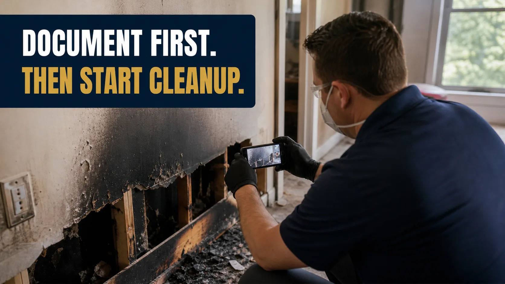 A technician wearing a mask and gloves photographs a fire-damaged wall with exposed studs and charred debris on the floor. Caption on image: DOCUMENT FIRST. THEN START CLEANUP.