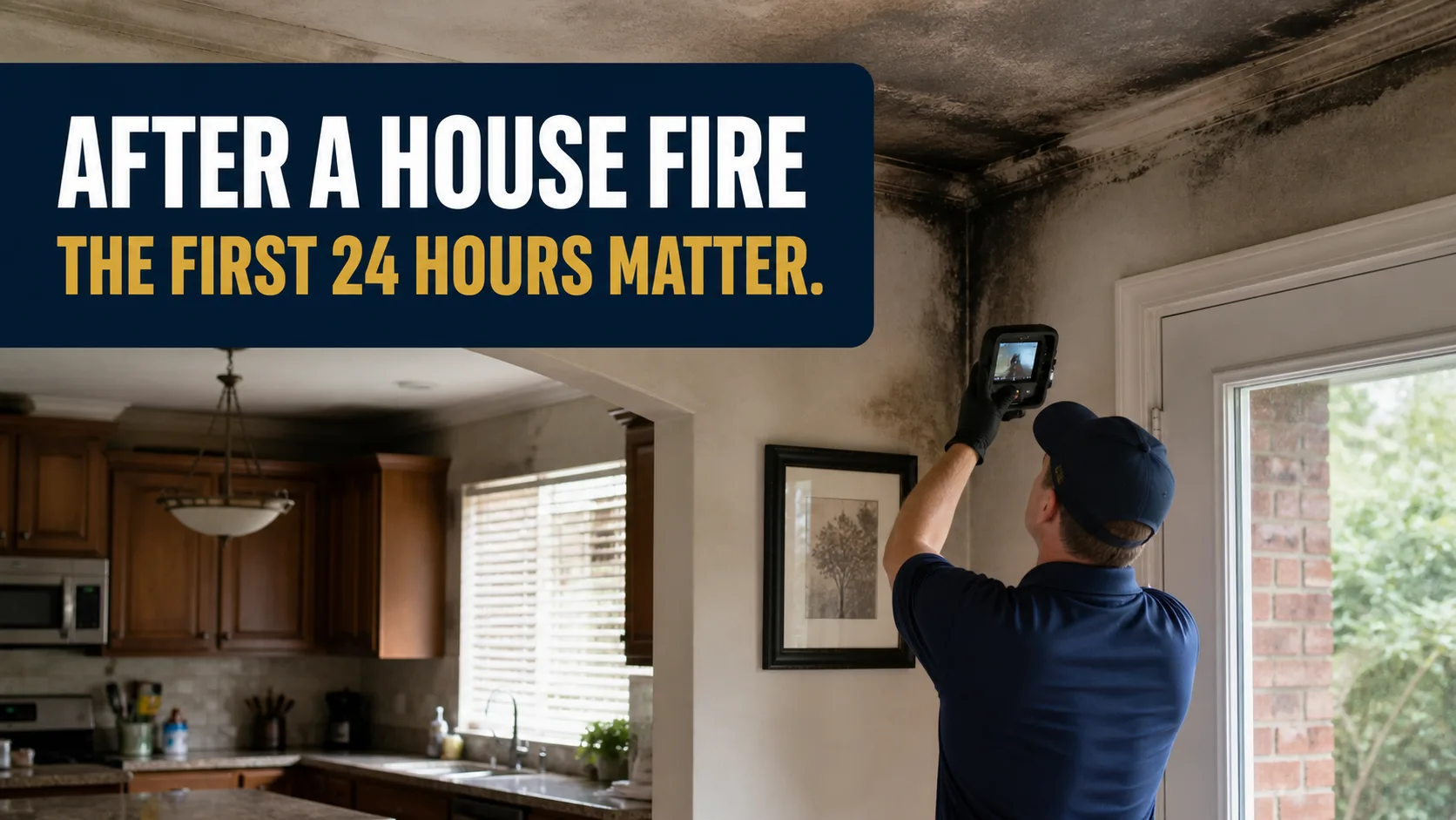A technician wearing a blue polo shirt and cap uses a handheld device to inspect a ceiling and wall covered in black soot and smoke damage, with a kitchen visible in the background. Caption on image: AFTER A HOUSE FIRE THE FIRST 24 HOURS MATTER.