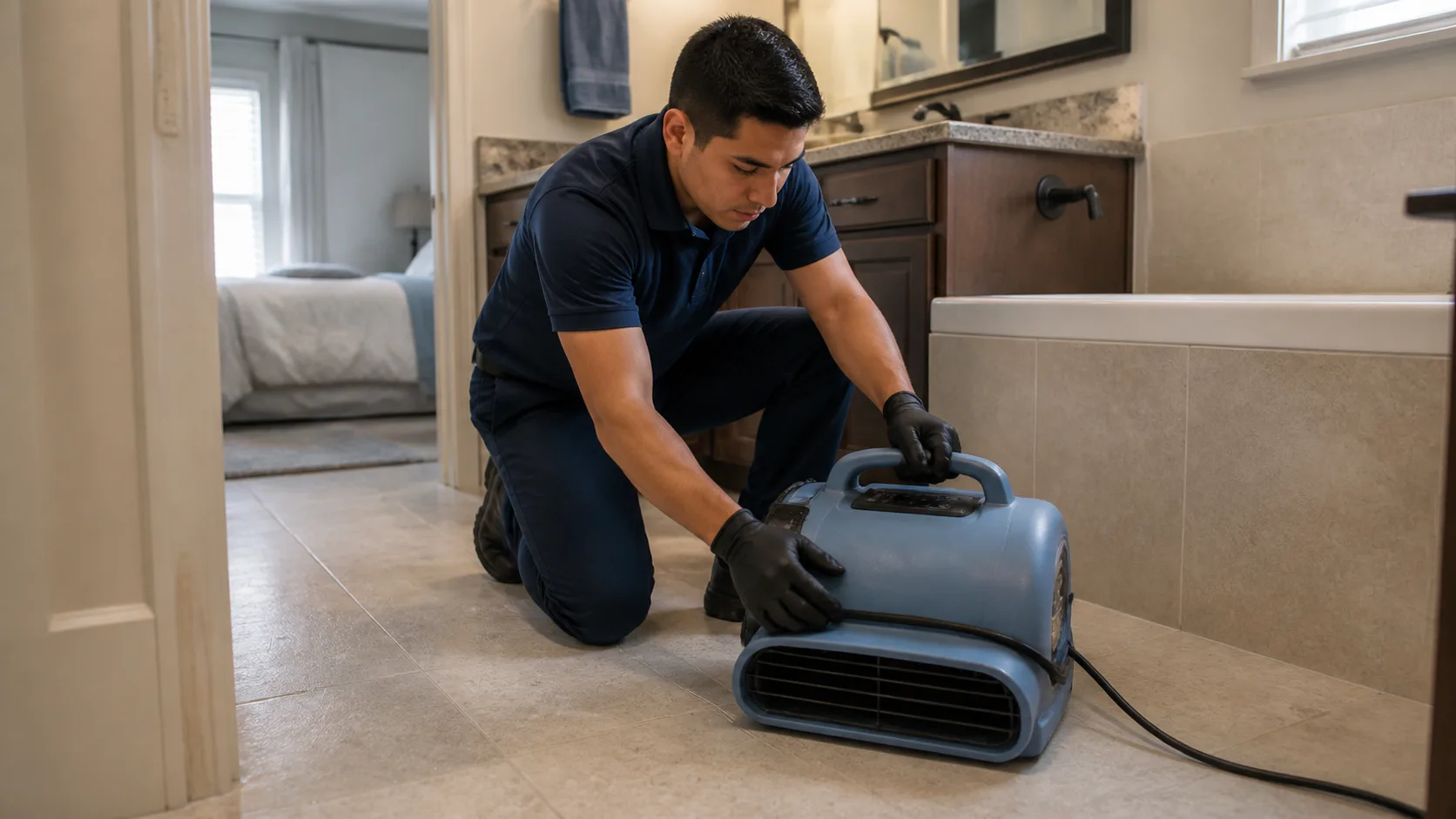 A technician wearing black gloves kneels on a tiled floor, adjusting a blue industrial air mover in a bathroom with a bathtub and vanity, with a bedroom visible in the background.