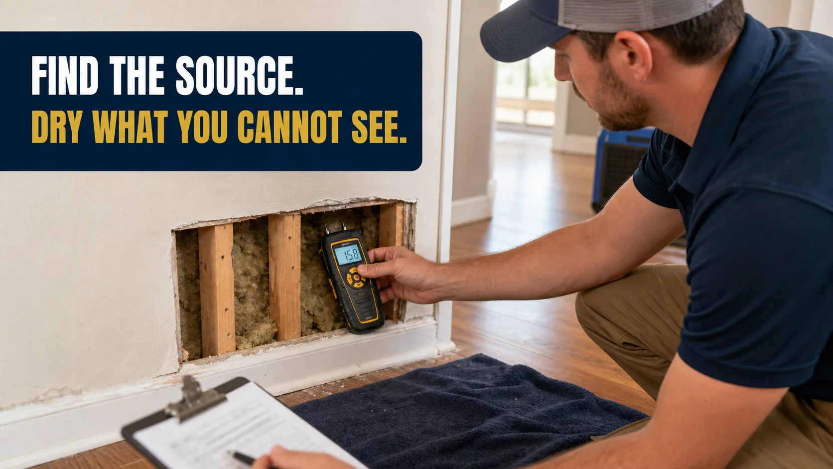 A technician kneels, holding a moisture meter to exposed insulation and wood studs in a wall with a section of drywall removed, while another person takes notes on a clipboard. Caption on image: FIND THE SOURCE. DRY WHAT YOU CANNOT SEE.