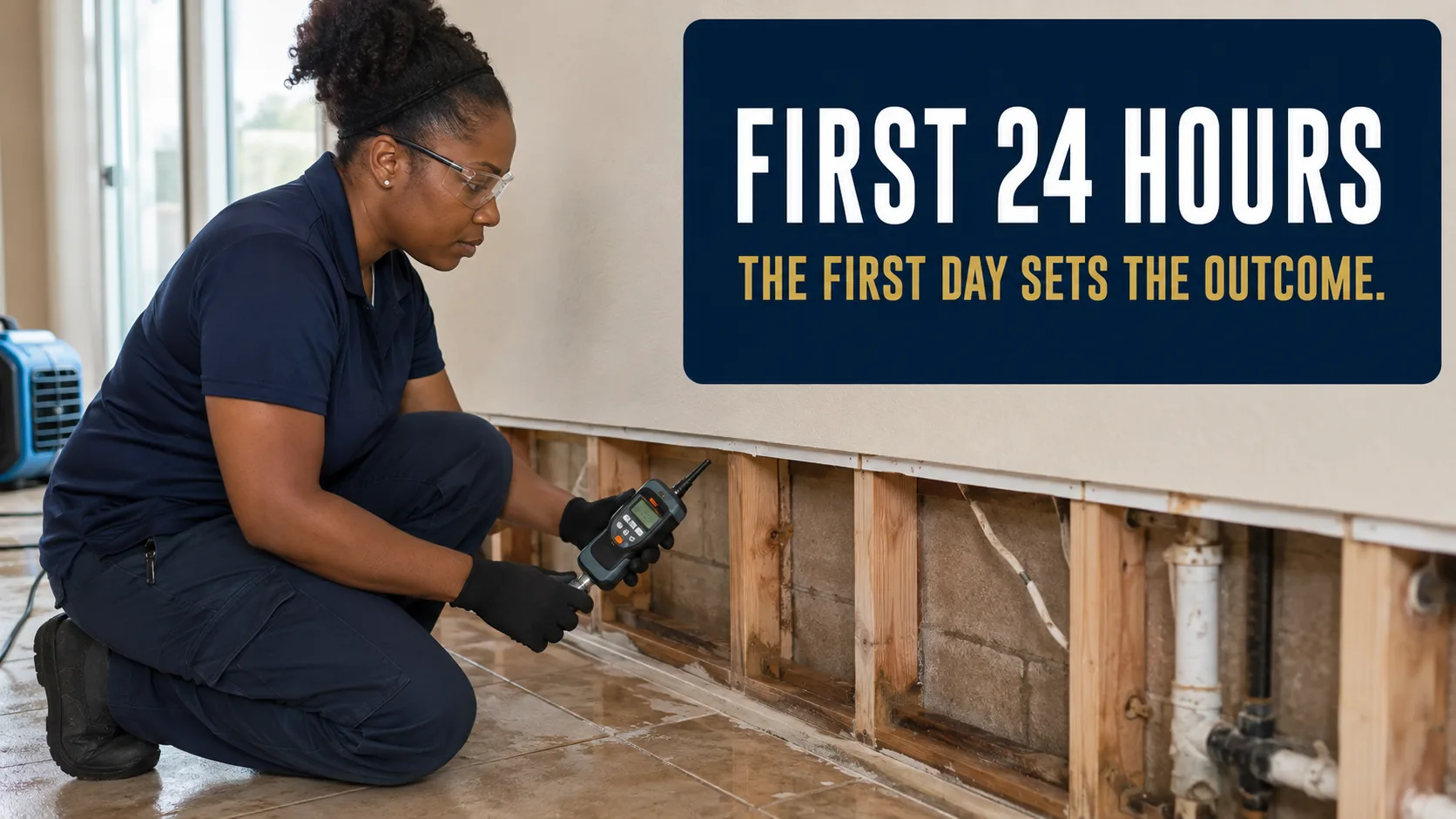 A technician wearing safety glasses and gloves kneels to inspect a water-damaged wall with exposed studs and insulation, using a moisture meter. Caption on image: FIRST 24 HOURS THE FIRST DAY SETS THE OUTCOME.