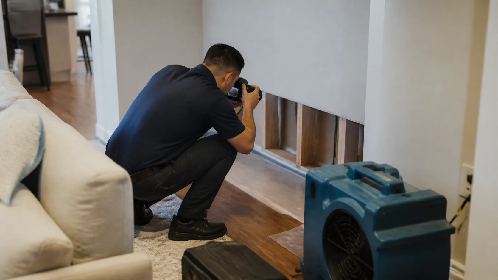 An insurance adjuster crouches to photograph exposed wall studs in a living room with a white couch and a blue industrial fan.