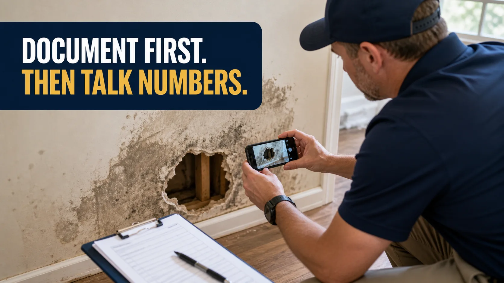 An inspector in a navy polo and cap photographs a large hole in a water-damaged wall with a smartphone, while a clipboard and pen rest on the floor. Caption on image: DOCUMENT FIRST. THEN TALK NUMBERS.