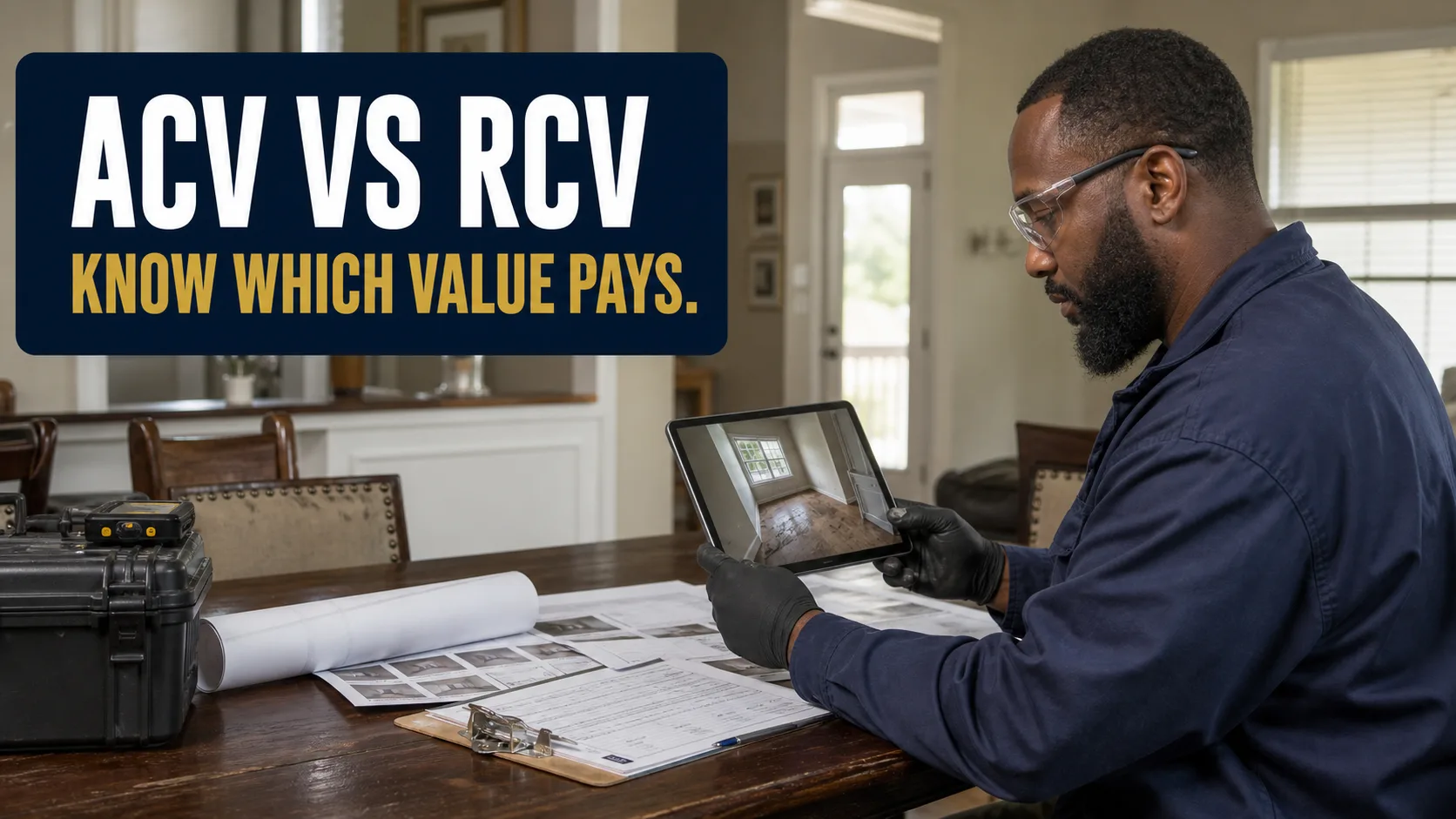 An insurance adjuster in safety glasses and gloves reviews property damage photos on a tablet while sitting at a table with documents and a toolkit. Caption on image: ACV VS RCV KNOW WHICH VALUE PAYS.