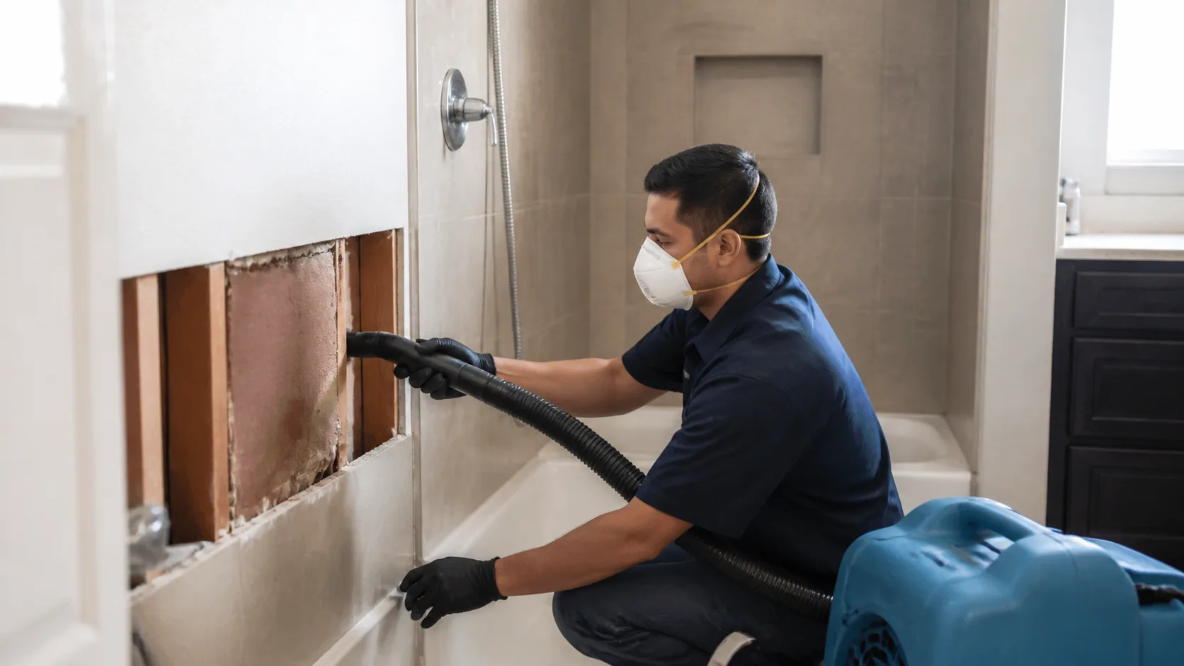 A restoration technician wearing a mask and gloves uses a vacuum to clean out a section of a wall with exposed insulation in a bathroom.