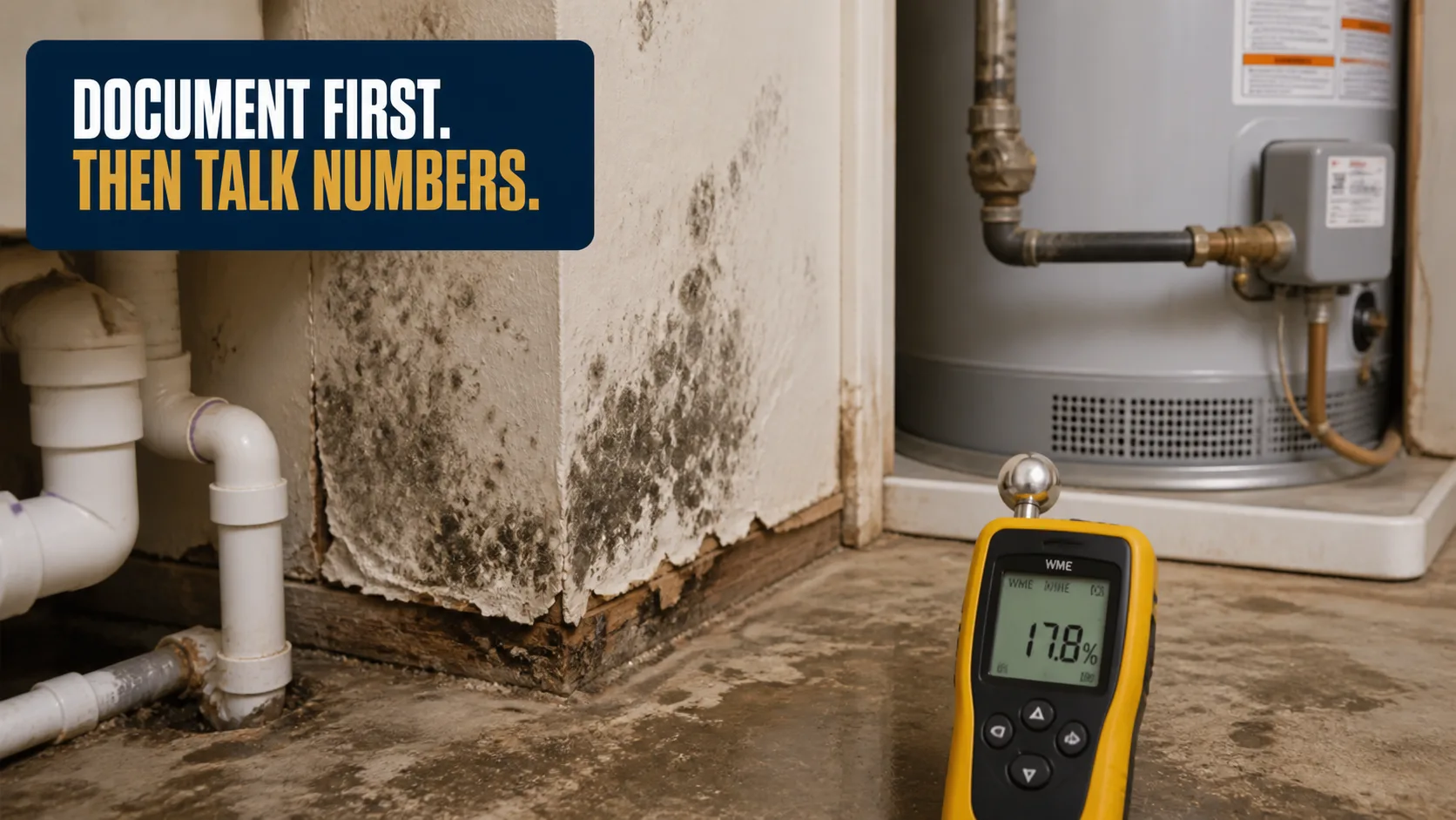 A moisture meter displays 17.8% next to a water heater, with extensive mold growth and peeling paint on a nearby wall and baseboard. Caption on image: DOCUMENT FIRST. THEN TALK NUMBERS.