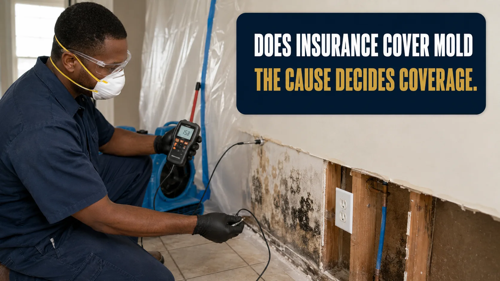 A technician wearing a respirator and safety glasses measures moisture in a wall with visible mold growth and exposed studs, next to a blue air mover. Caption on image: DOES INSURANCE COVER MOLD THE CAUSE DECIDES COVERAGE.