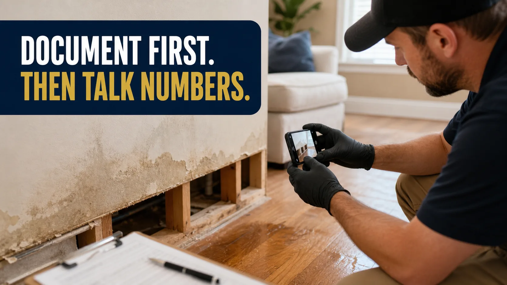 A technician wearing black gloves kneels on a wet wooden floor, photographing water damage and mold on a wall with a smartphone, while a clipboard with documents rests on the floor. Caption on image: DOCUMENT FIRST. THEN TALK NUMBERS.
