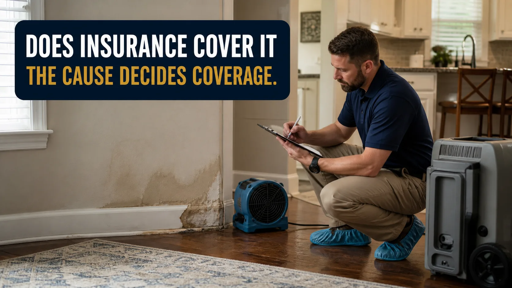 A technician wearing shoe covers kneels on a wooden floor, writing on a clipboard, next to a wall with significant water damage and a blue industrial fan. Caption on image: DOES INSURANCE COVER IT THE CAUSE DECIDES COVERAGE.
