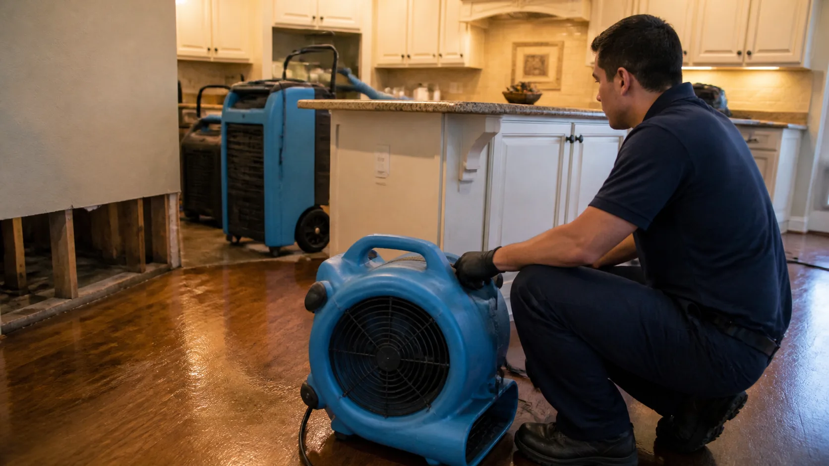 A technician wearing black gloves crouches next to a blue air mover on a wet floor, with exposed wall studs and a large dehumidifier in the background.