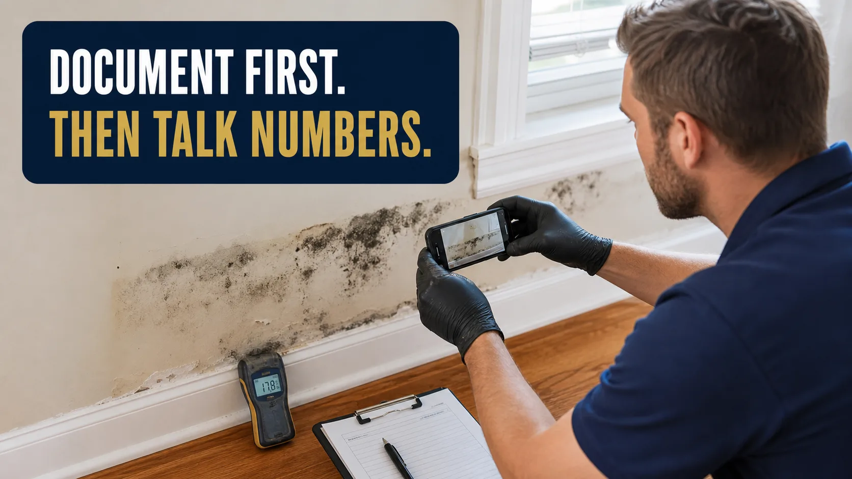 A technician wearing black gloves photographs extensive mold growth on a wall with a smartphone, while a moisture meter displays "17.8%" nearby. Caption on image: DOCUMENT FIRST. THEN TALK NUMBERS.