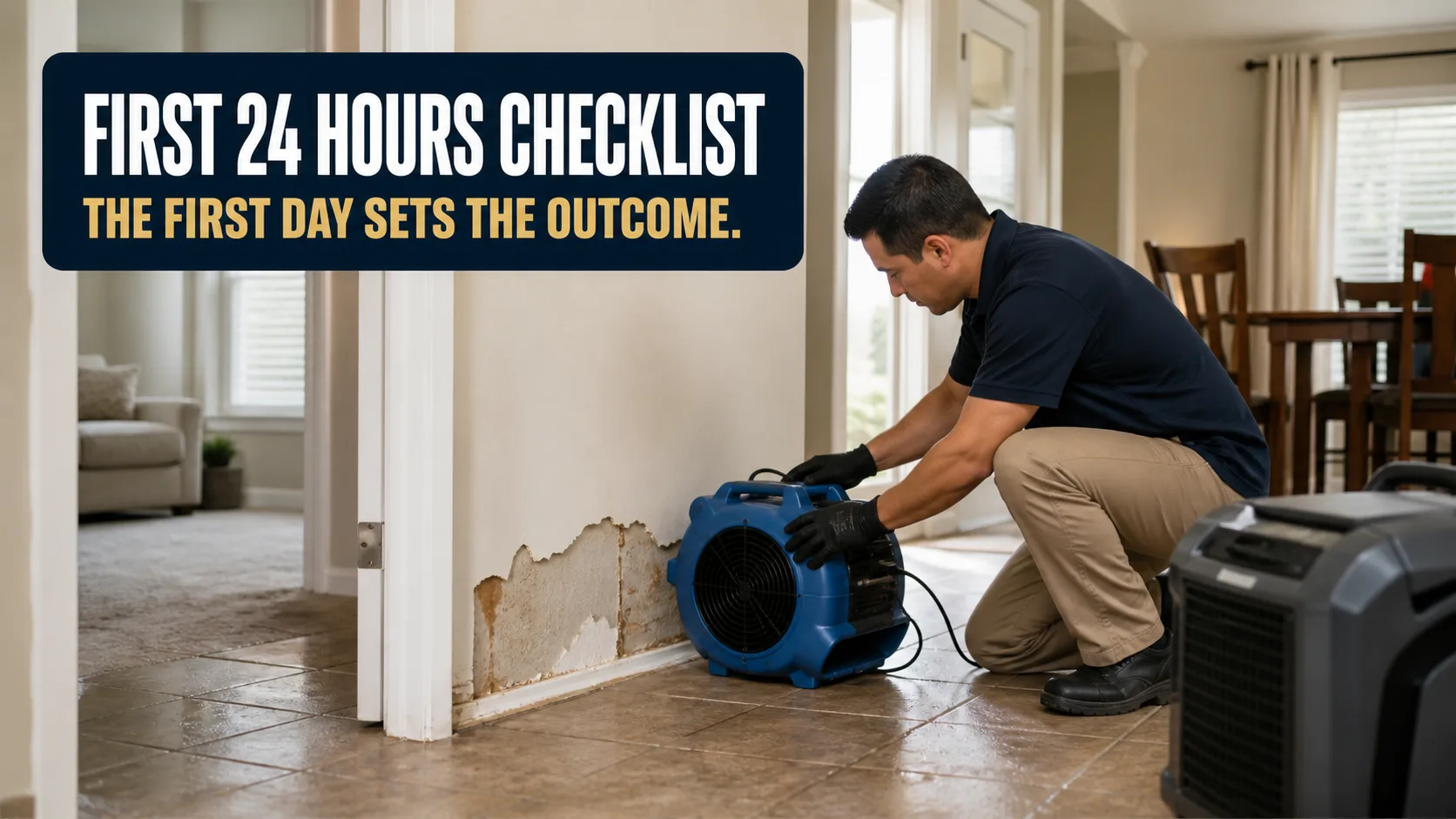 A restoration technician in black gloves places a blue air mover on a tiled floor next to a wall with water damage, while another air mover sits in the foreground. Caption on image: FIRST 24 HOURS CHECKLIST THE FIRST DAY SETS THE OUTCOME.