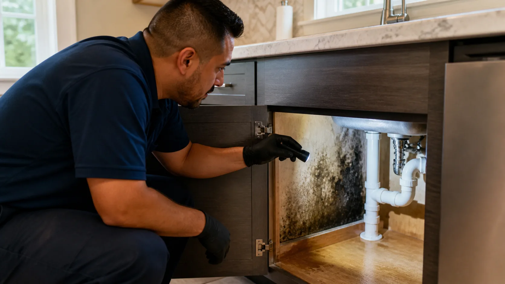 An inspector wearing black gloves shines a flashlight on extensive black mold growth inside a kitchen sink cabinet.