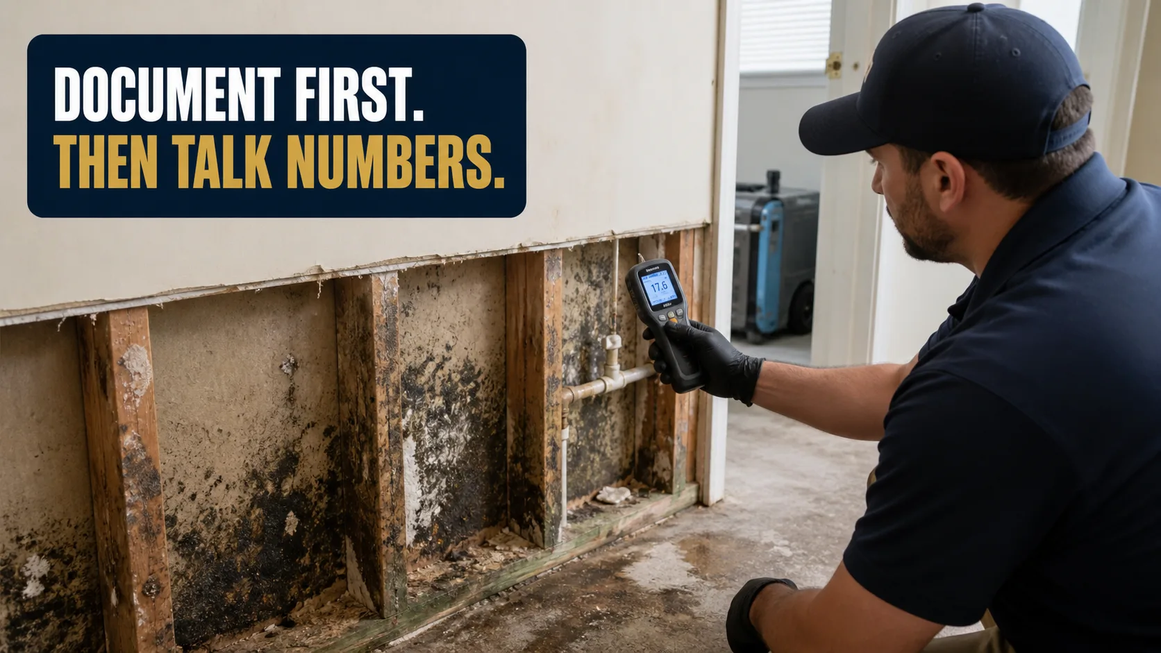 A technician wearing black gloves and a baseball cap uses a moisture meter to inspect a wall with exposed studs and significant black mold growth. Caption on image: DOCUMENT FIRST. THEN TALK NUMBERS.