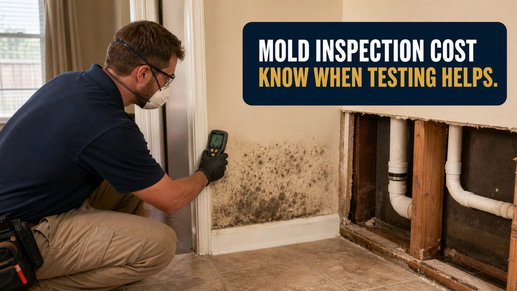 A technician wearing a respirator and gloves uses a moisture meter to inspect extensive mold growth on a wall, with exposed pipes visible in an adjacent wall section. Caption on image: MOLD INSPECTION COST KNOW WHEN TESTING HELPS.