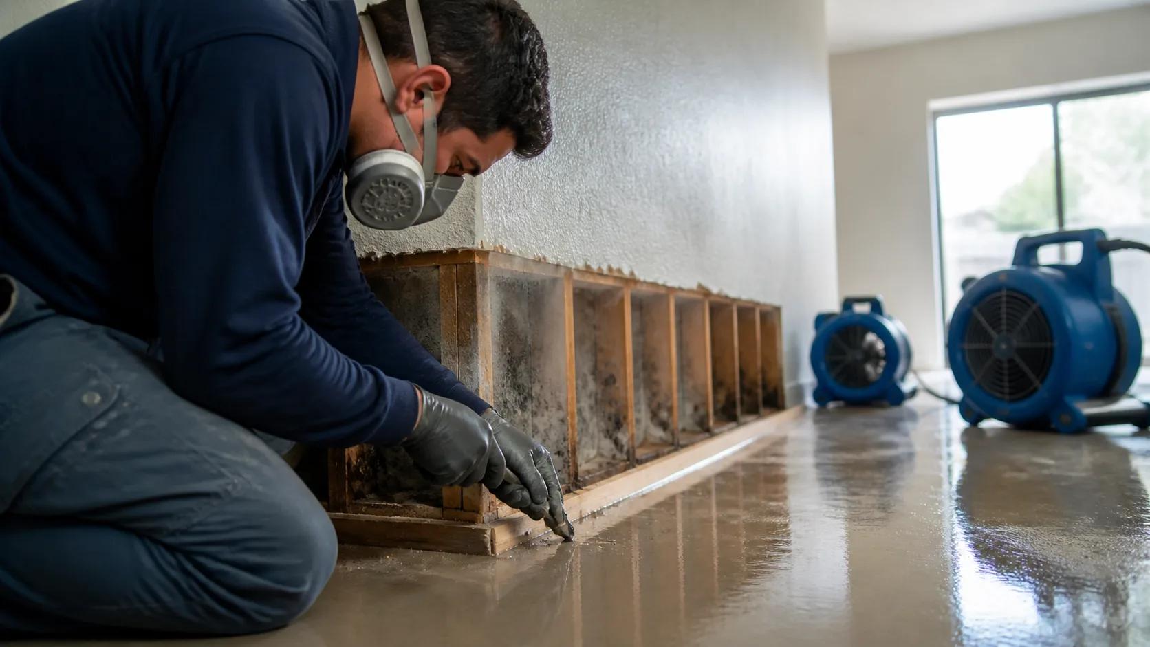 A technician wearing a respirator and gloves kneels, scraping a tool along the base of a wall with visible mold growth, while two blue air movers dry a wet concrete floor.