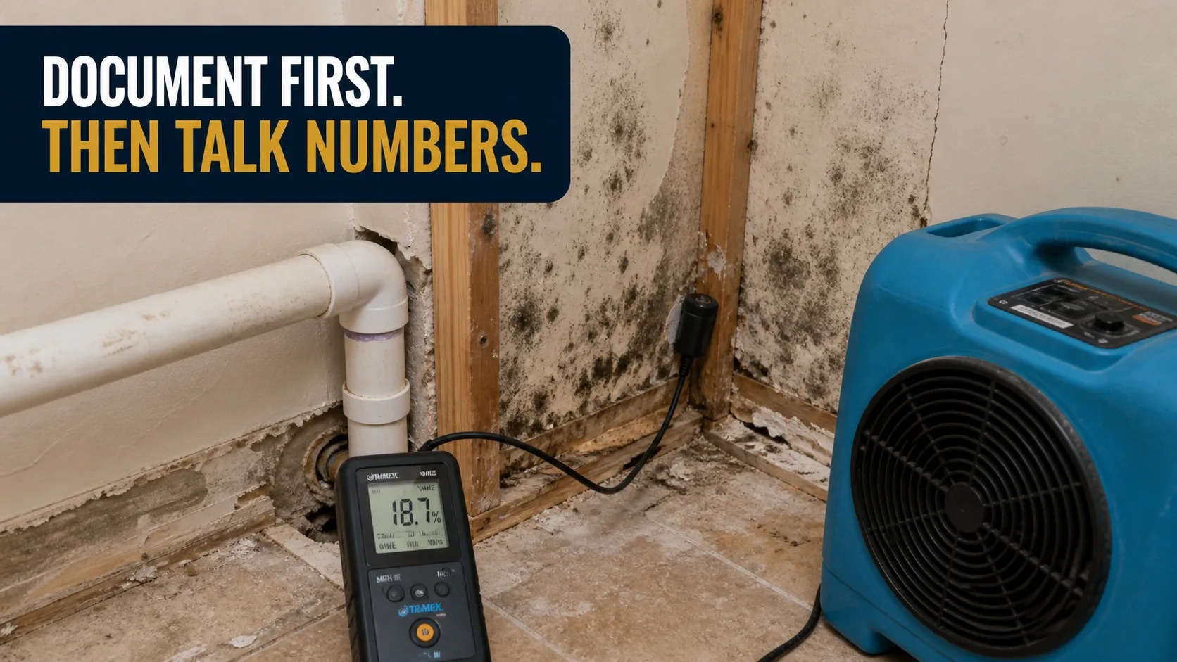 A moisture meter displays 18.7% next to a PVC pipe, with a blue air mover and extensive black mold growth on the wall and baseboard. Caption on image: DOCUMENT FIRST. THEN TALK NUMBERS.