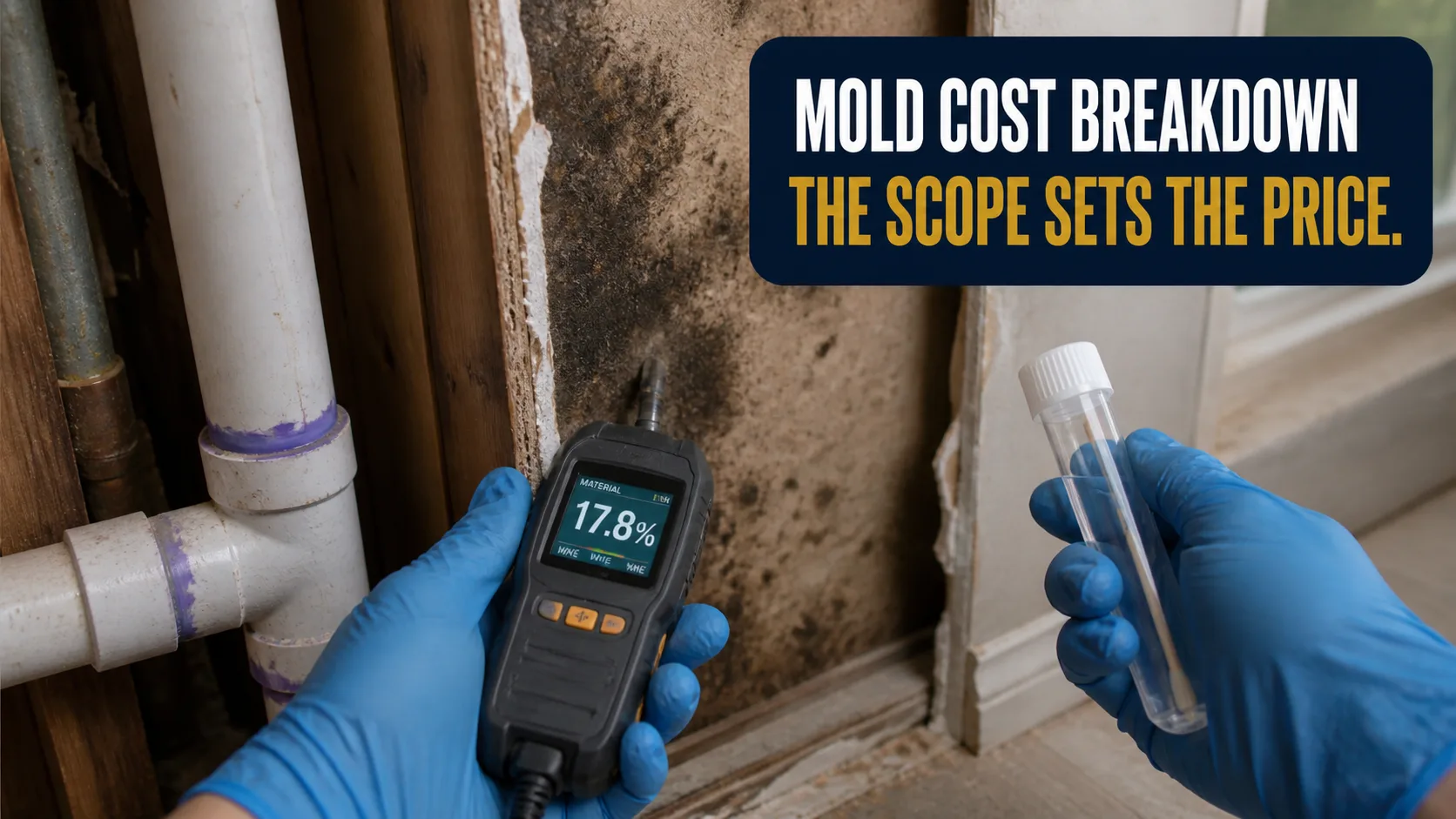 A technician in blue gloves measures moisture in a mold-stained wall with a digital meter and holds a sample tube. Caption on image: MOLD COST BREAKDOWN THE SCOPE SETS THE PRICE.
