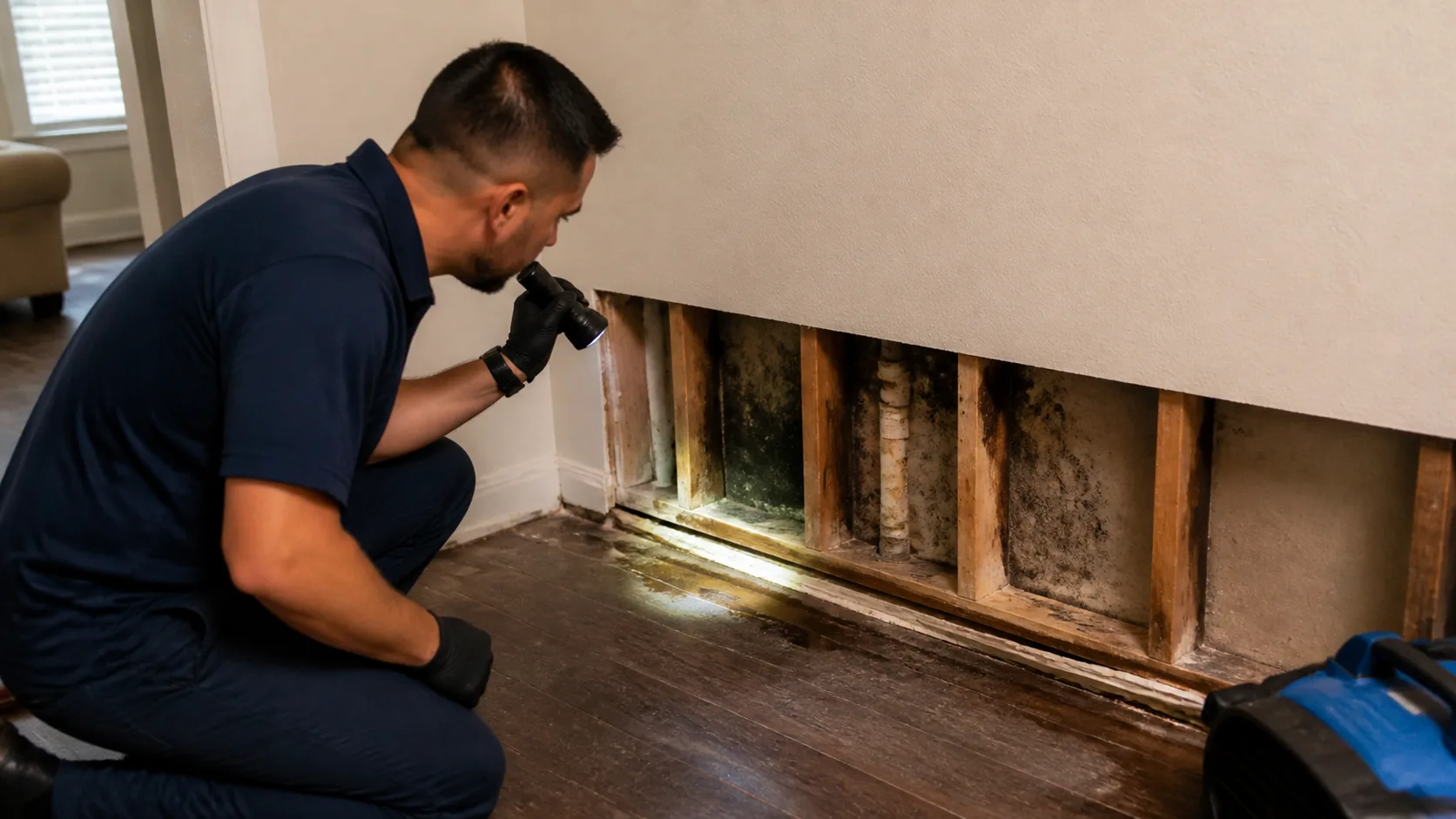 A technician wearing black gloves kneels and shines a flashlight on extensive black mold growth on the wall studs and drywall behind a removed baseboard.
