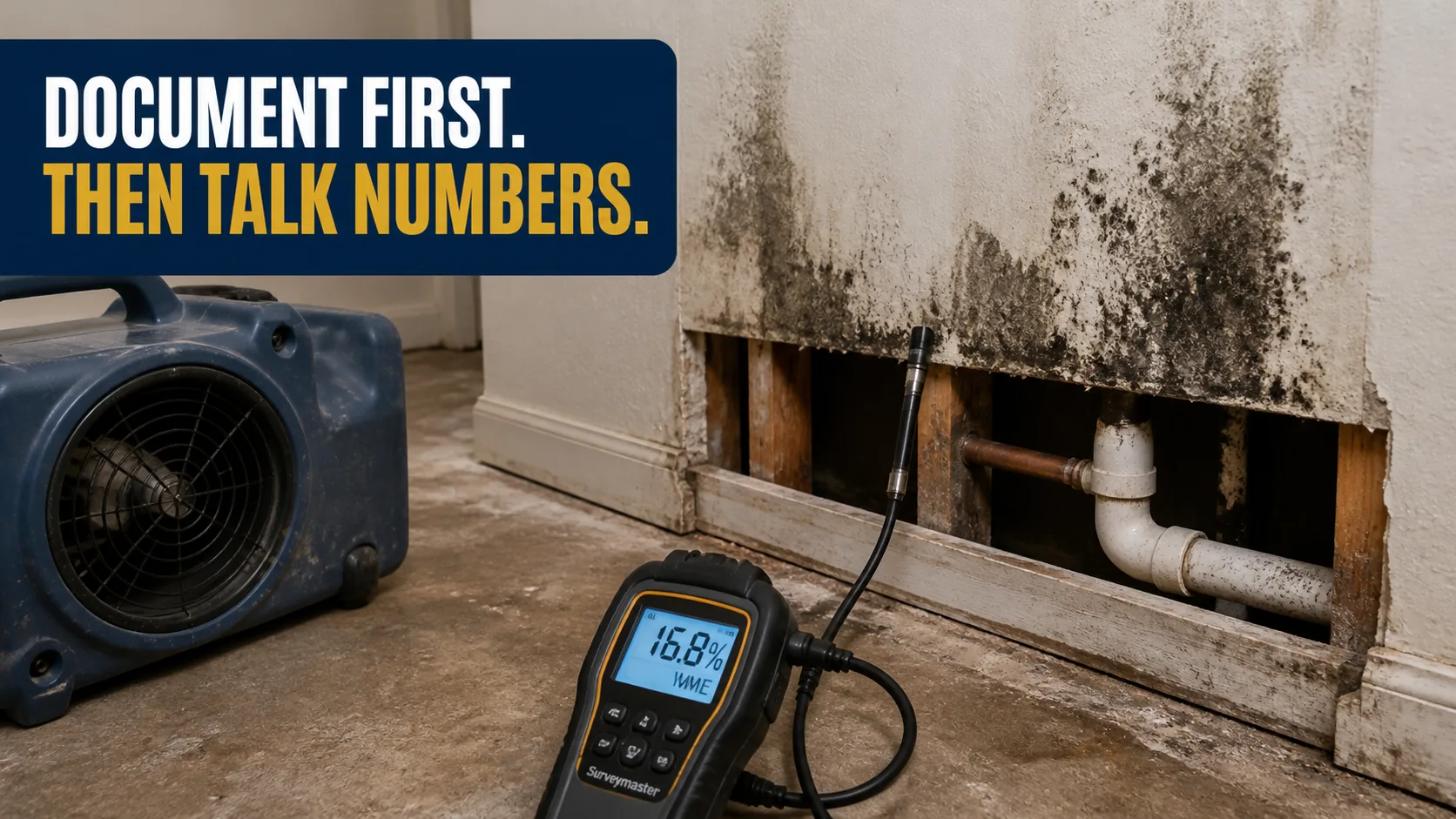 A moisture meter displays 16.8% WME next to a wall with significant mold growth and exposed pipes, with an air mover in the foreground. Caption on image: DOCUMENT FIRST. THEN TALK NUMBERS.