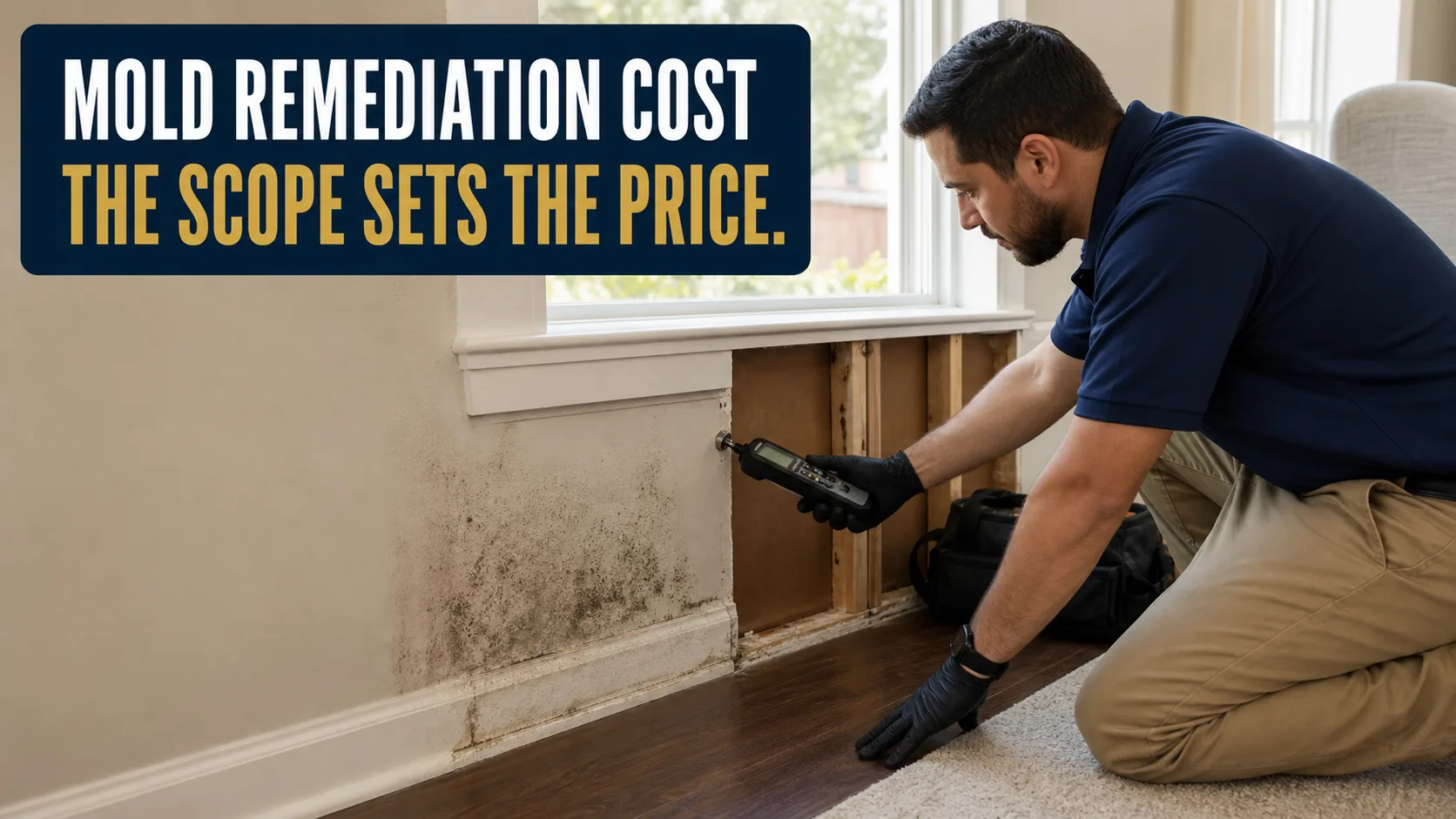 A technician wearing black gloves kneels to inspect a wall with visible mold growth and exposed studs, using a moisture meter near a window. Caption on image: MOLD REMEDIATION COST THE SCOPE SETS THE PRICE.